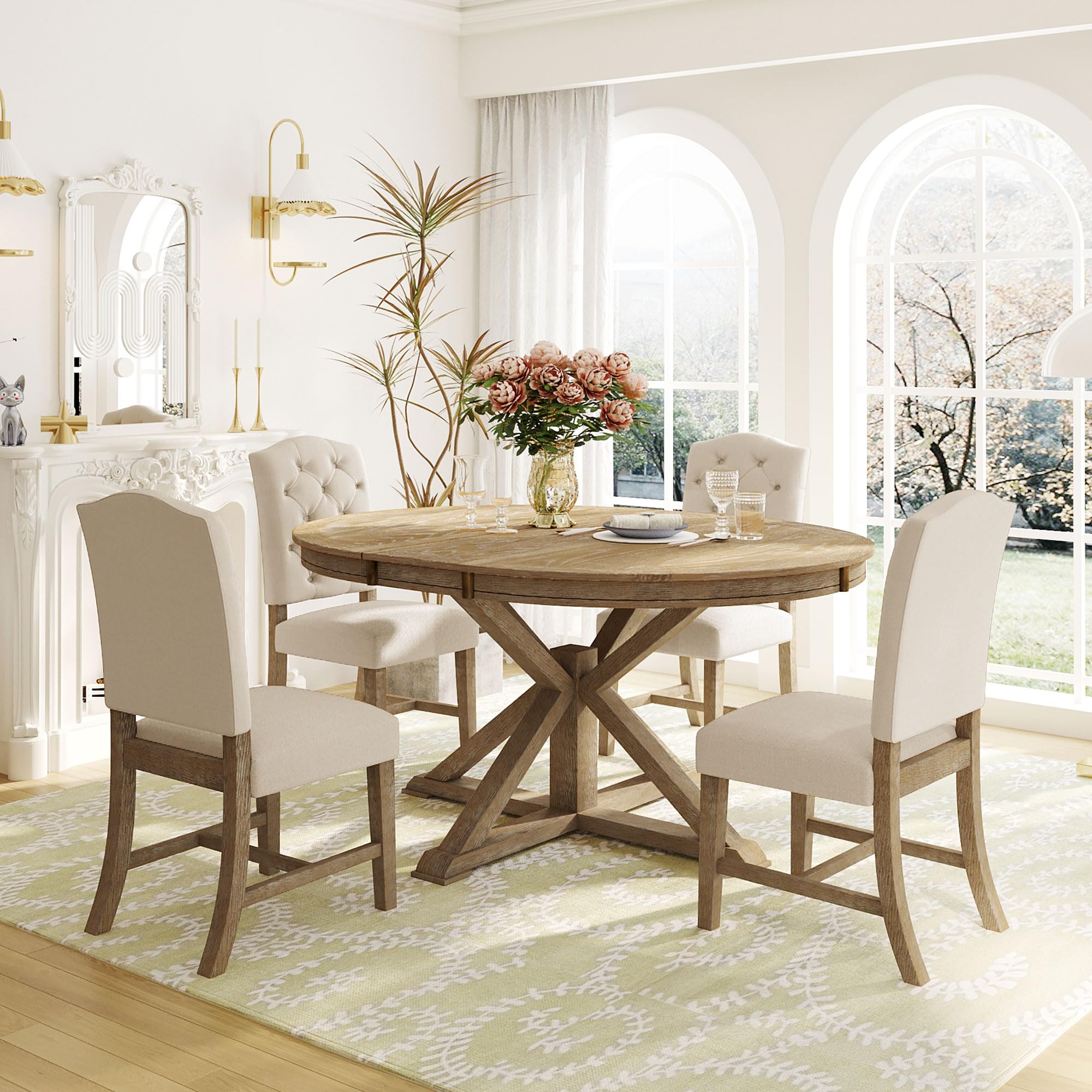 Round Extendable Dining Table Set for 4 with Upholstered Chairs