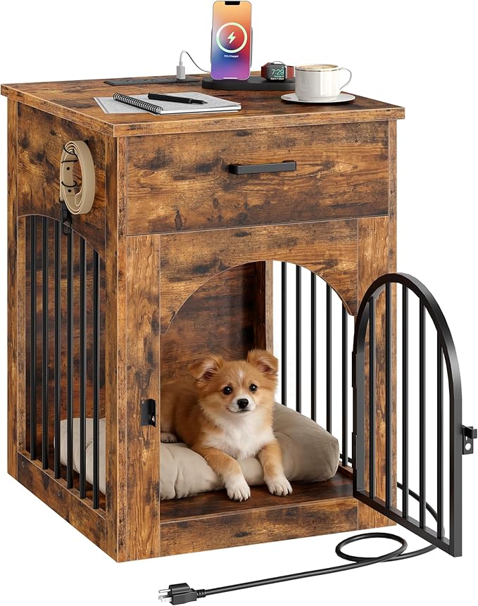 Wooden Dog Crate Furniture with Charging Station and Storage Drawer
