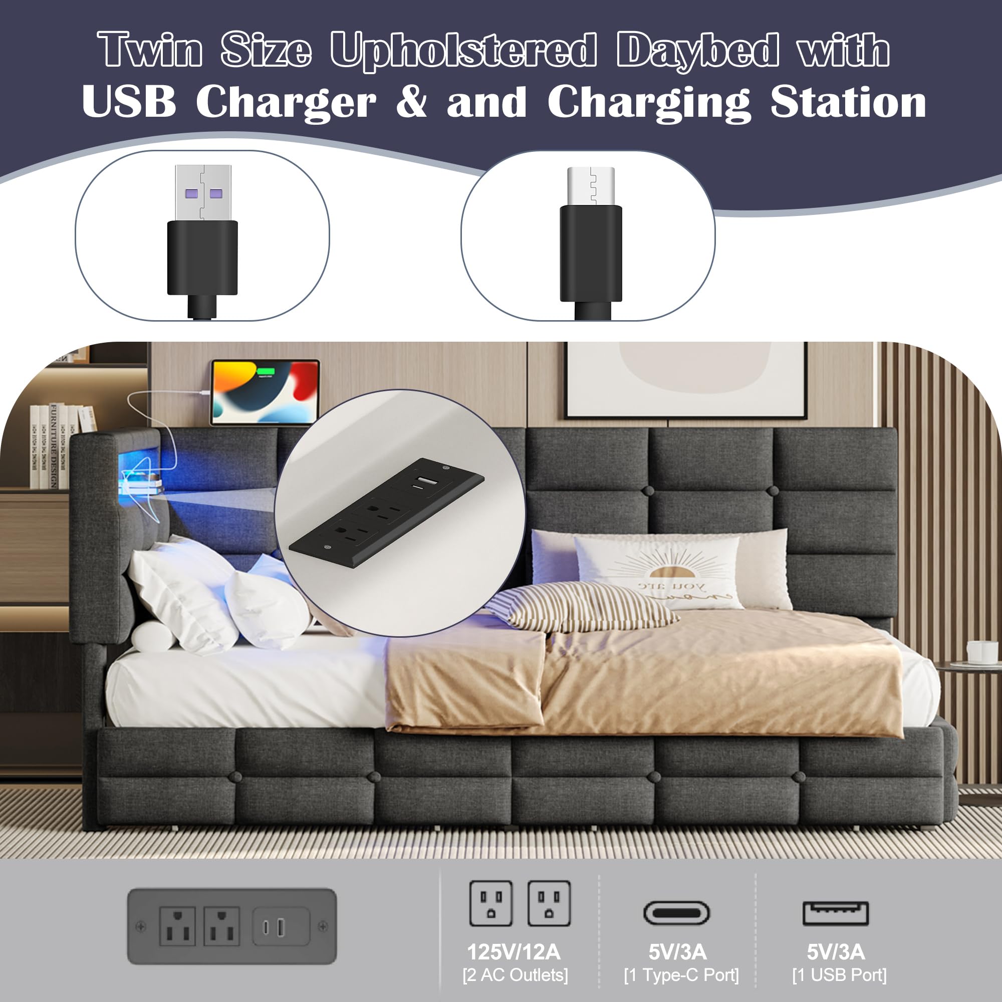 Twin Daybed with LED Lights, Storage Drawers & Charging Station