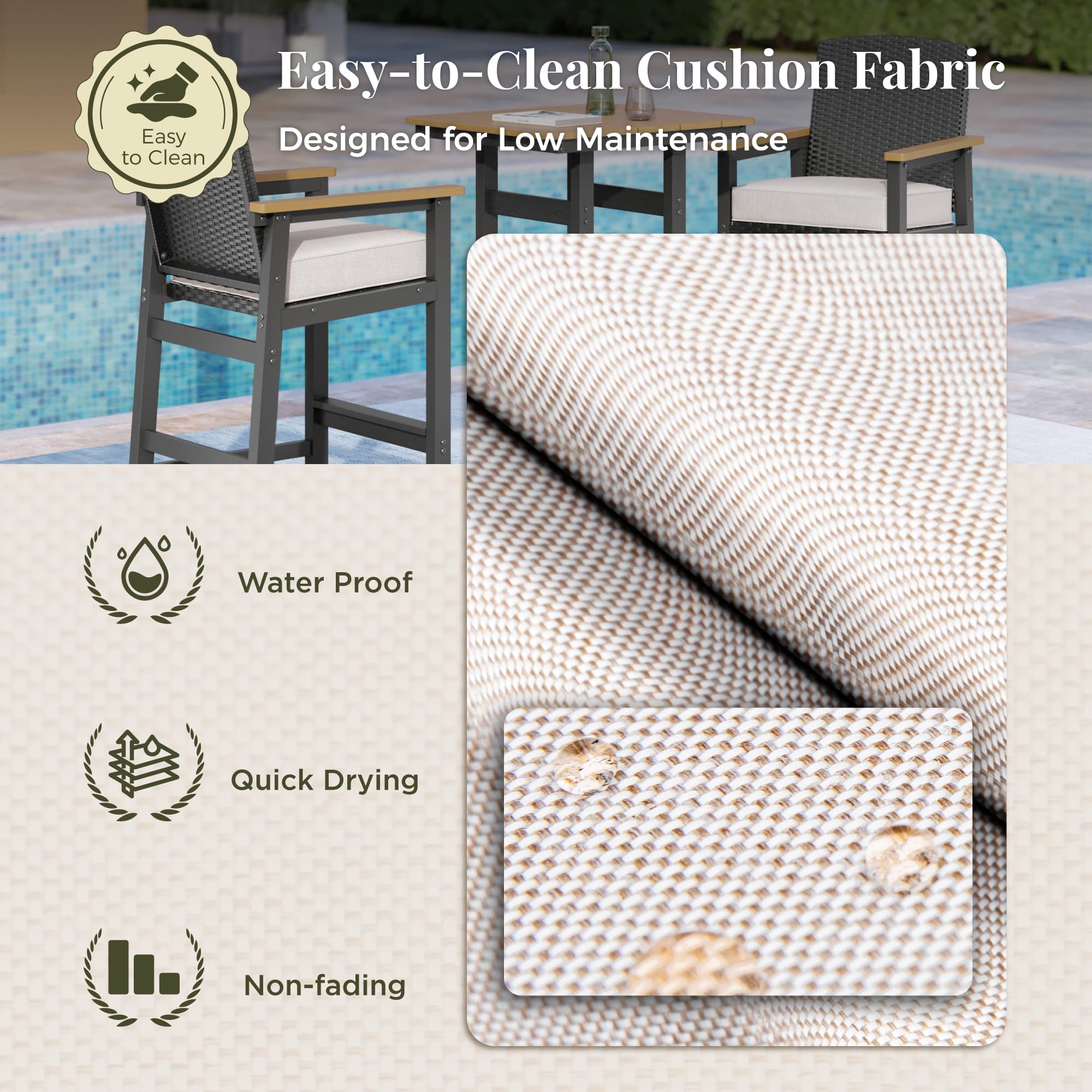 3-Piece Outdoor Bar Set with Wicker Backrest and Cushions