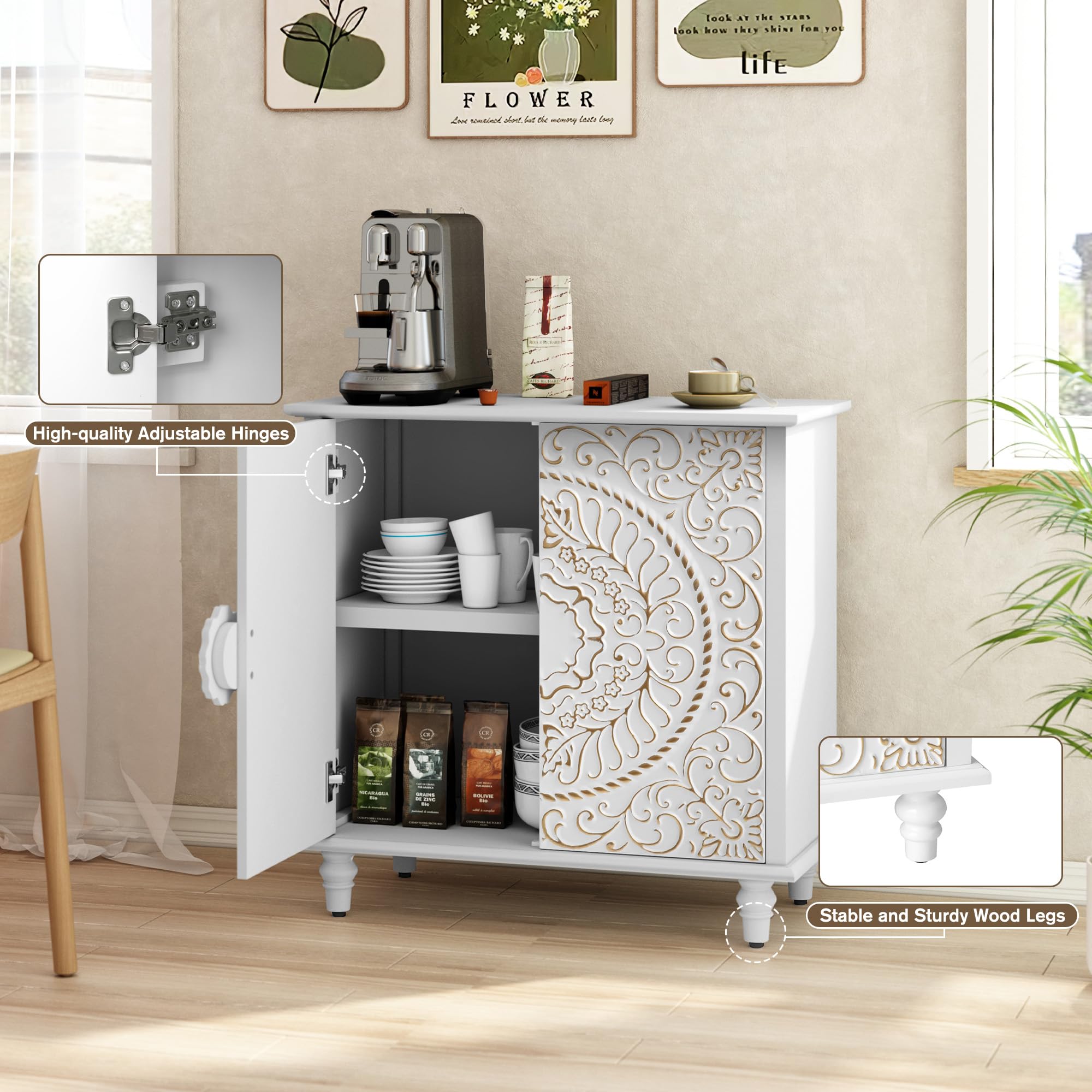White Accent Cabinet with Carved Flower Pattern