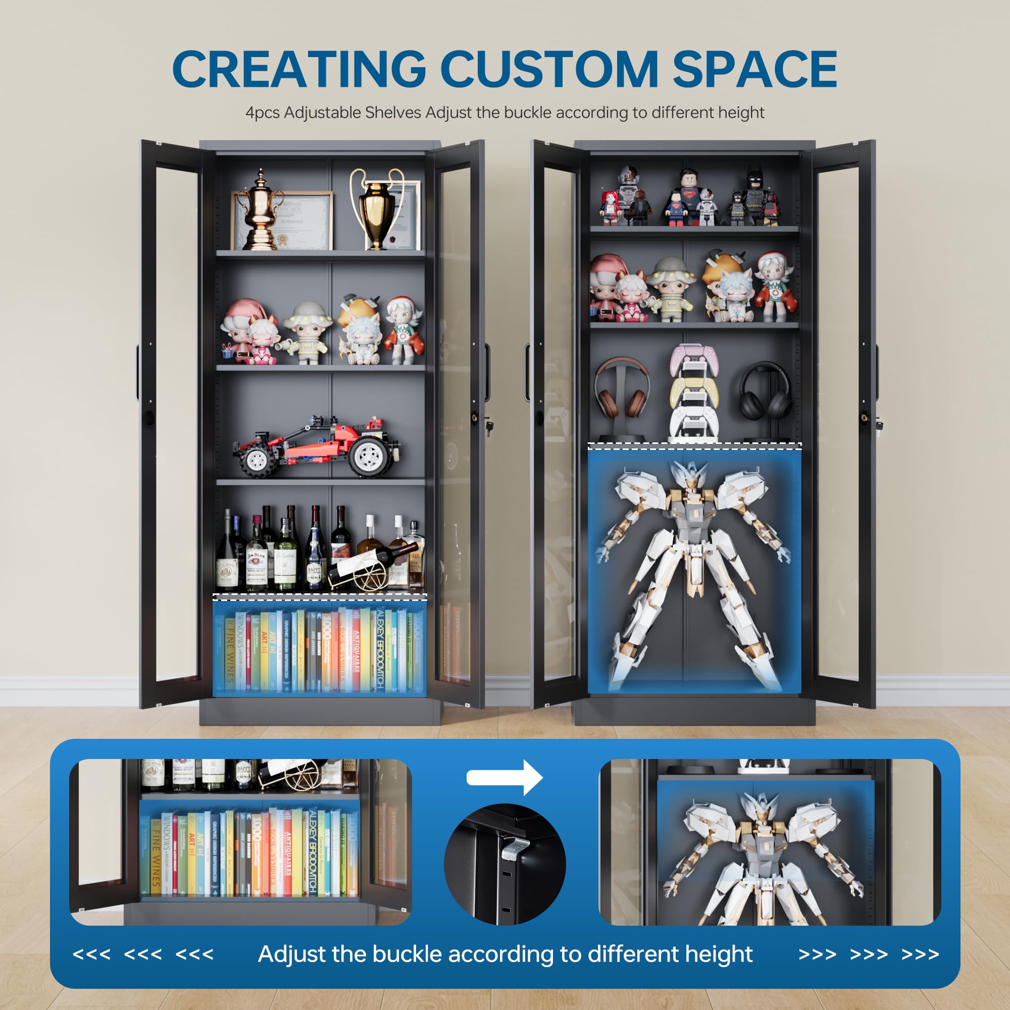 Display Cabinet with Glass Doors and Lockable Storage