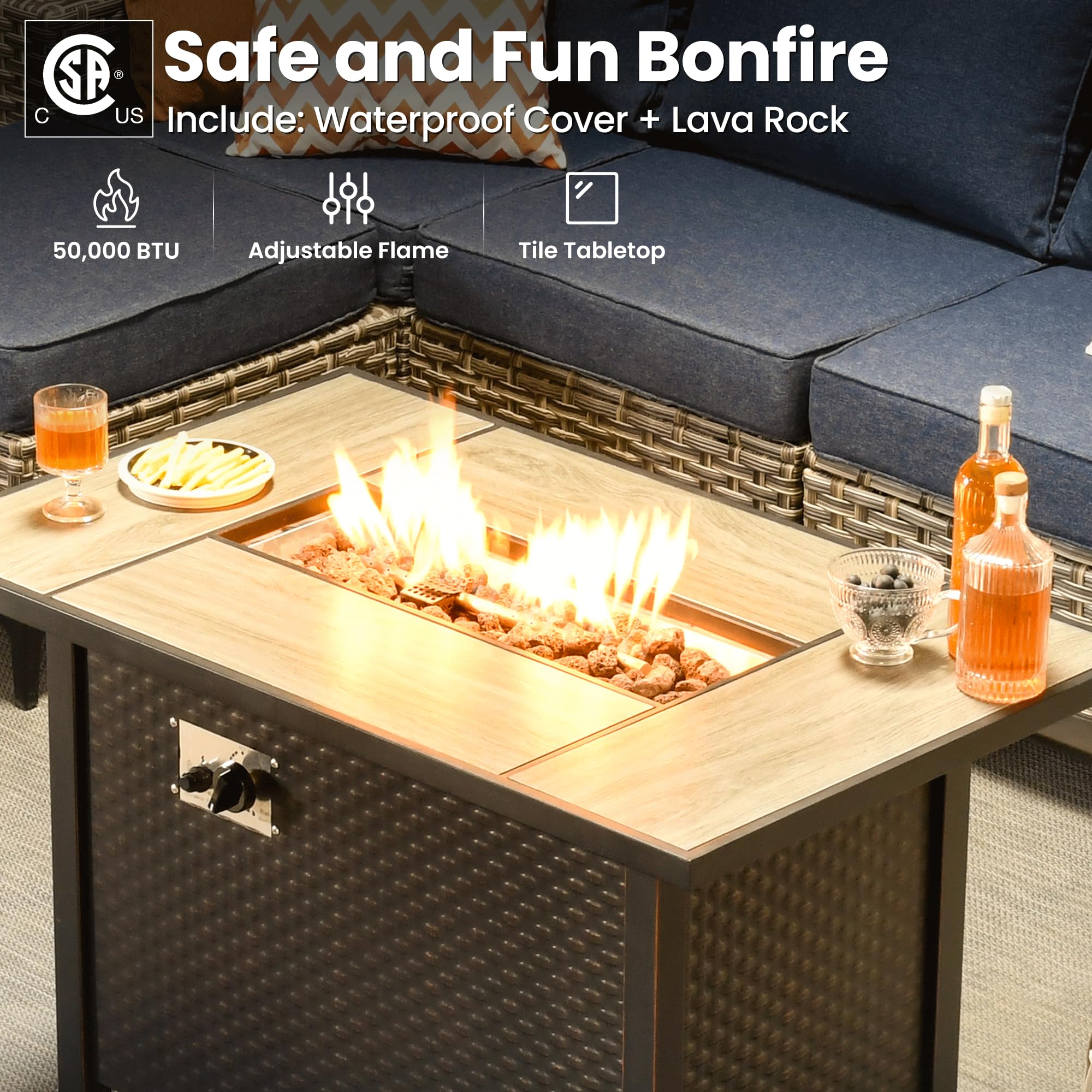 9-Piece Outdoor Patio Sectional Sofa Set with Fire Pit Table