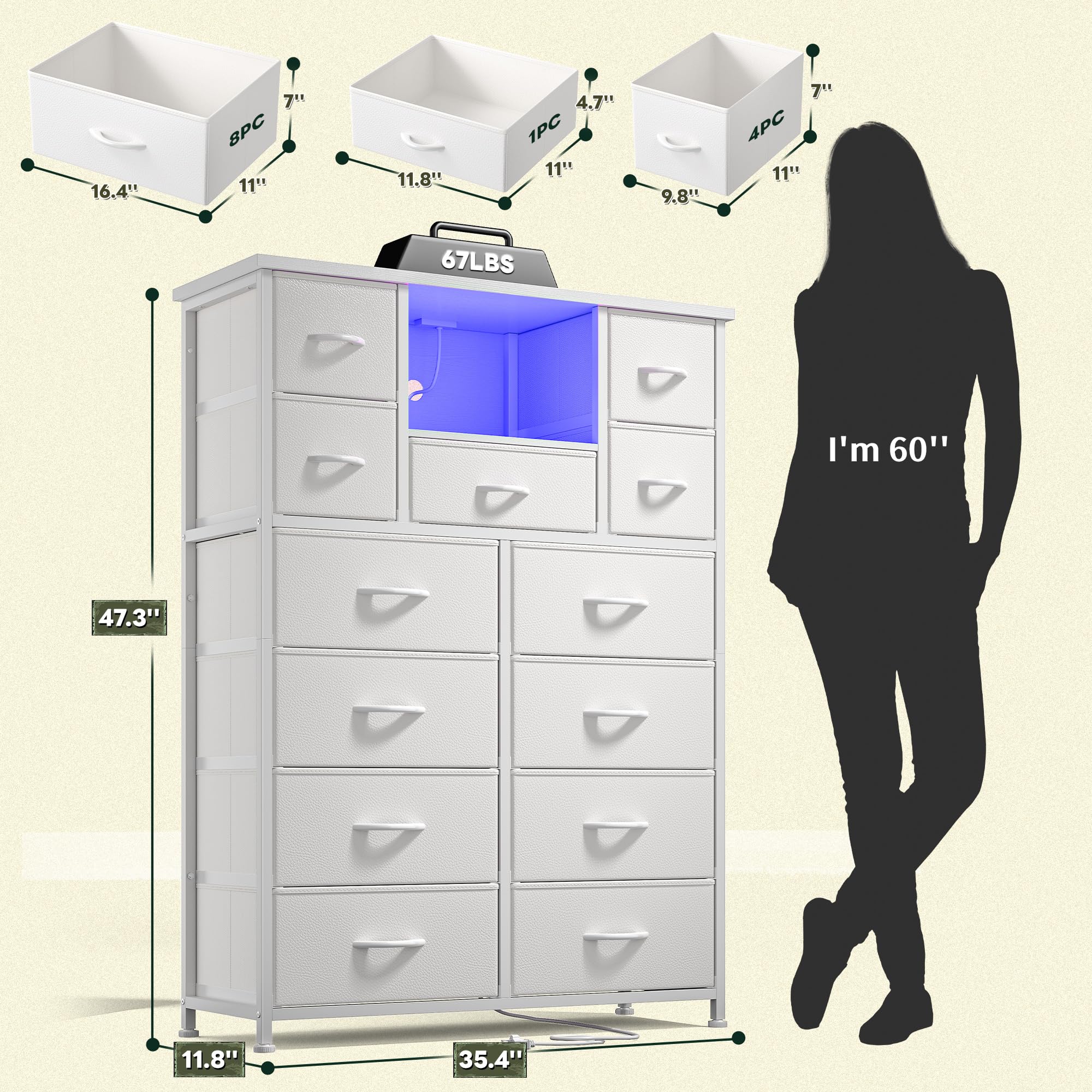 13-Drawer Dresser with LED Lighting and Charging Ports