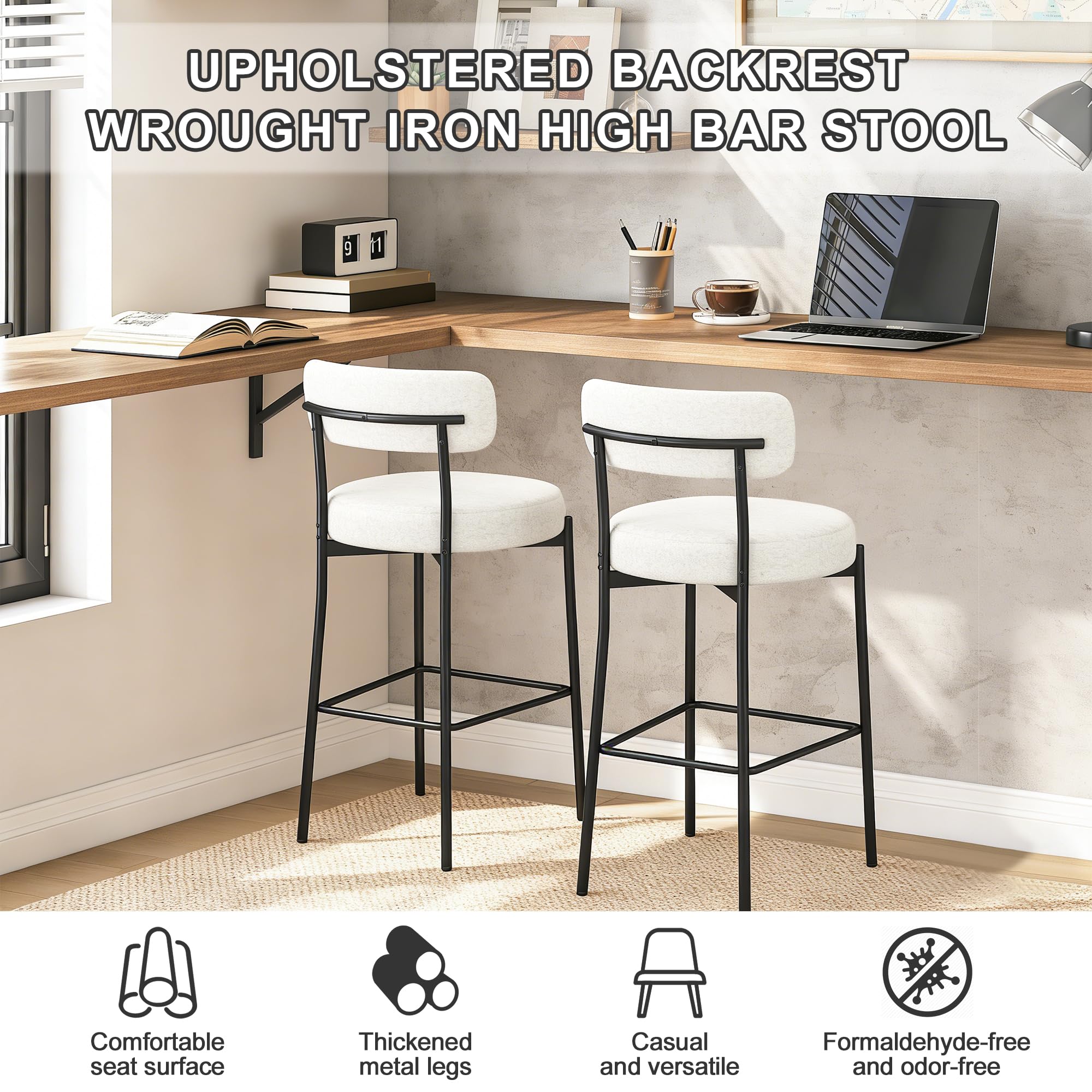 Bar Stools Set of 6, 27" White Boucle Counter Height with Back and Metal Legs