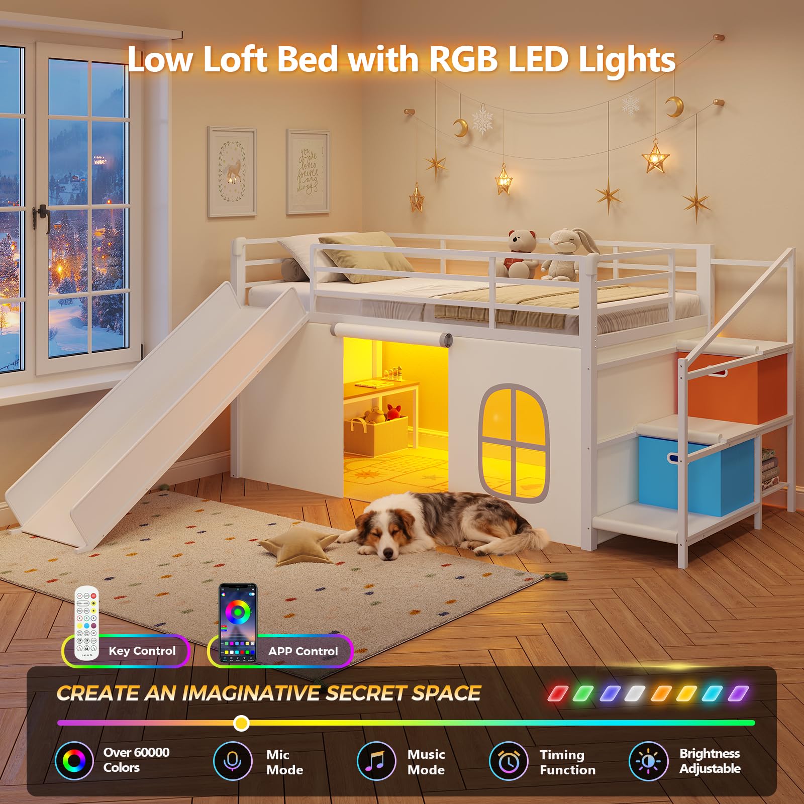 Twin Low Loft Bed with Slide and Storage