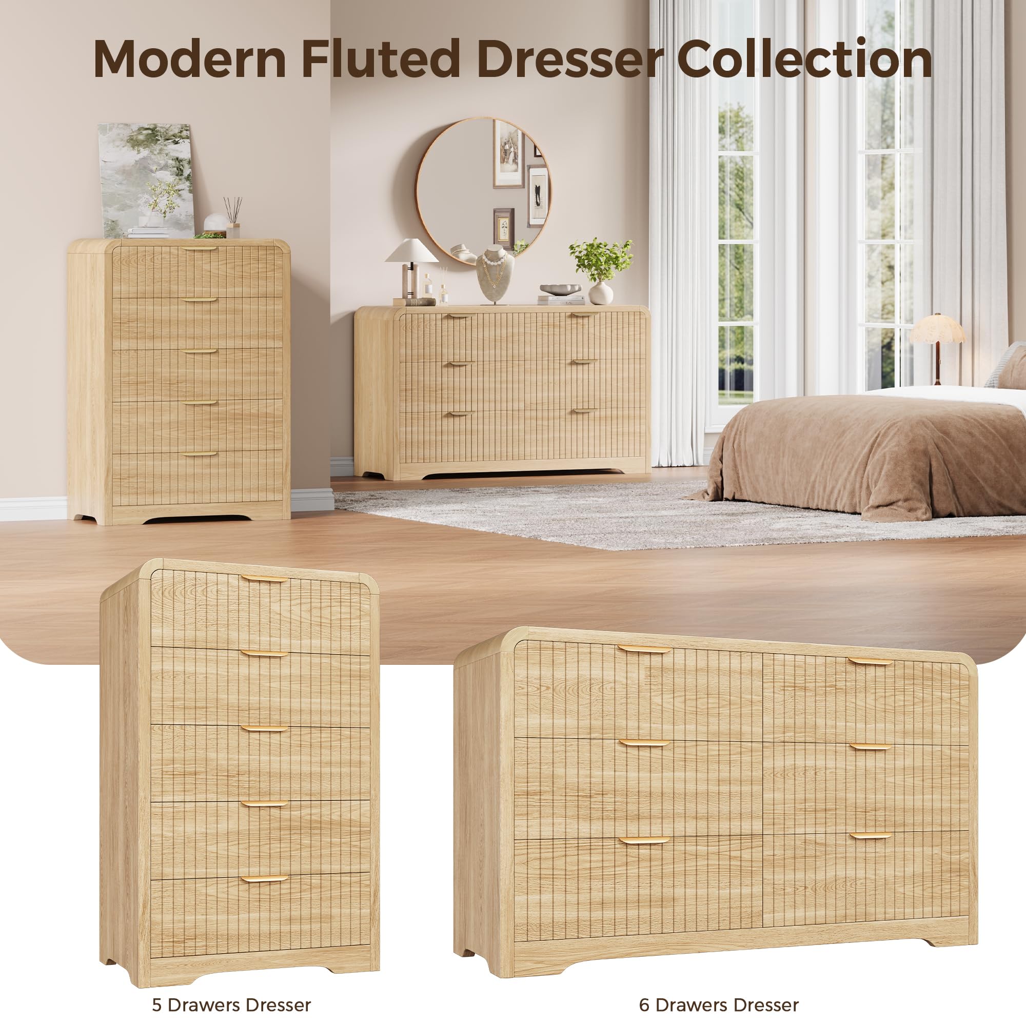 Modern 6 Drawer Dresser with Curved Fluted Design