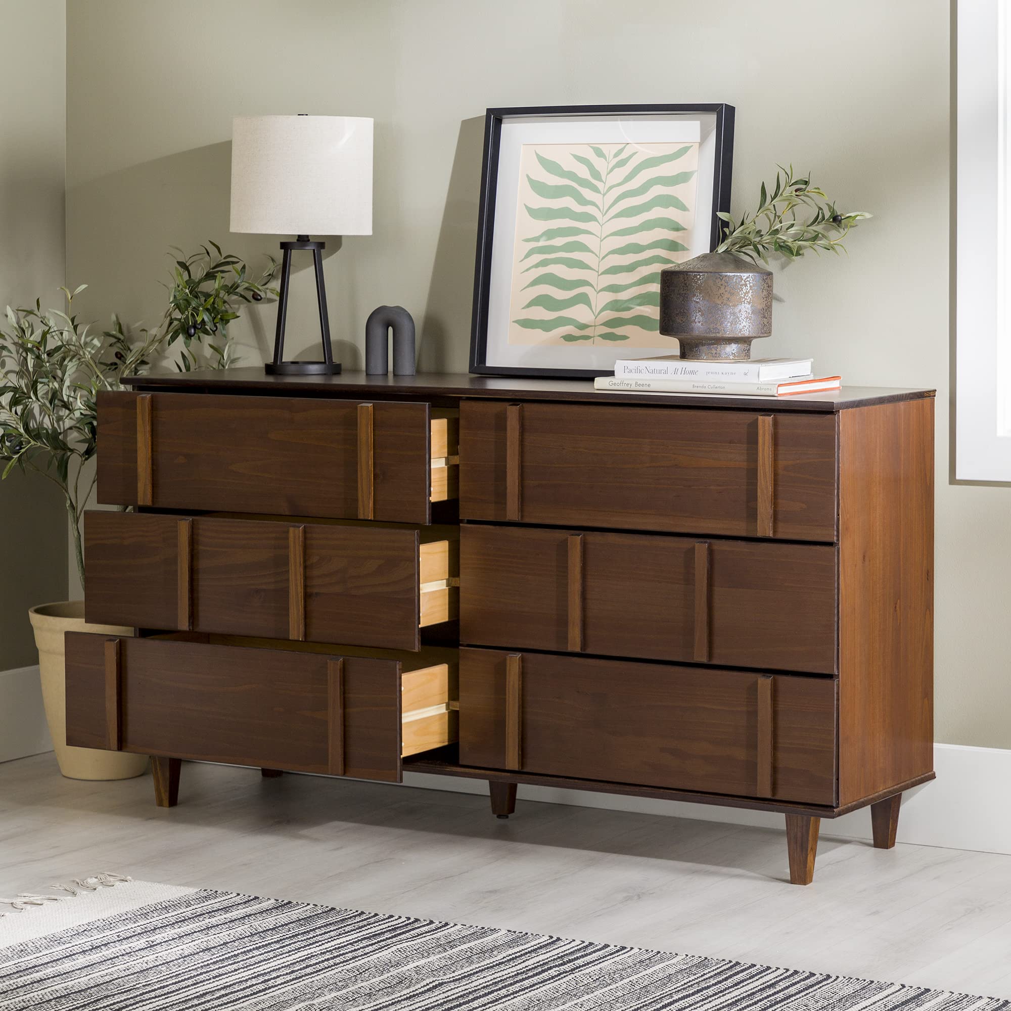 6-Drawer Solid Pine Wood Dresser 60 Inch Walnut