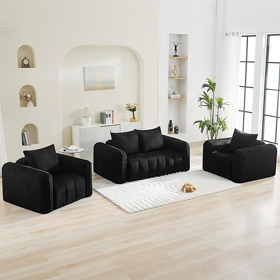 Modern Corduroy Living Room Set - Loveseat with 2 Single Chairs