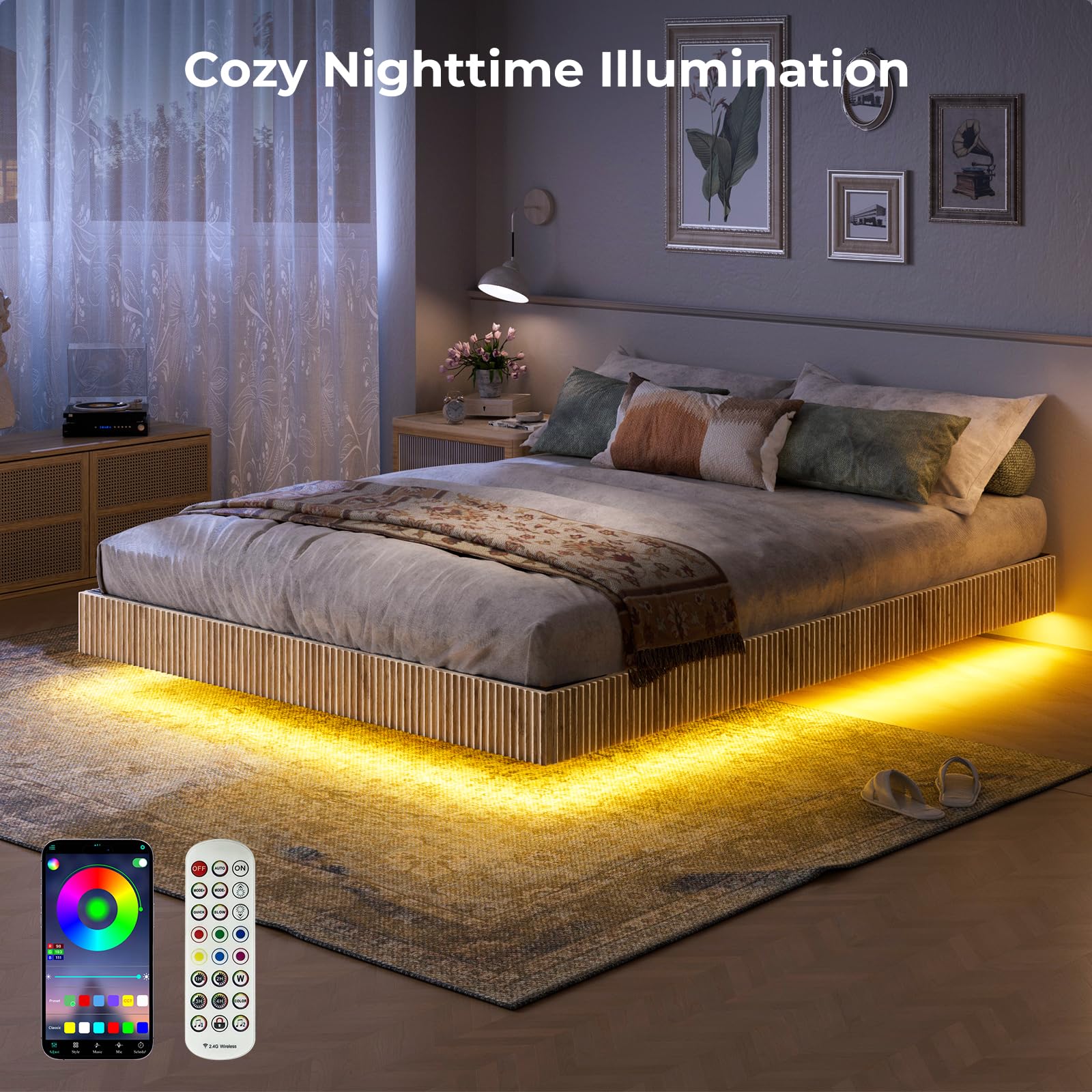 Queen Platform Bed with LED Lights and Nightstands