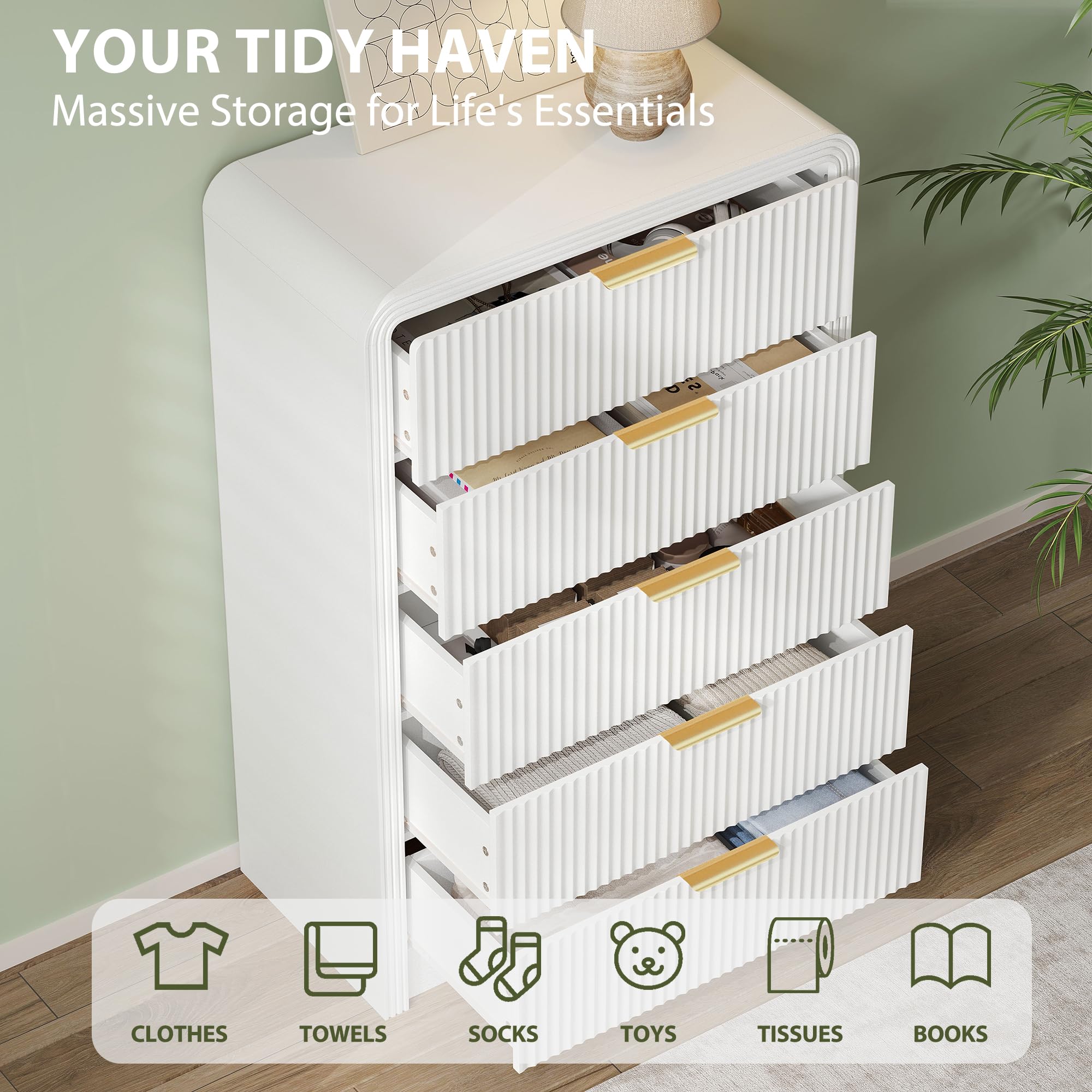 Fluted 5 Drawer Dresser 48 Inch Tall White