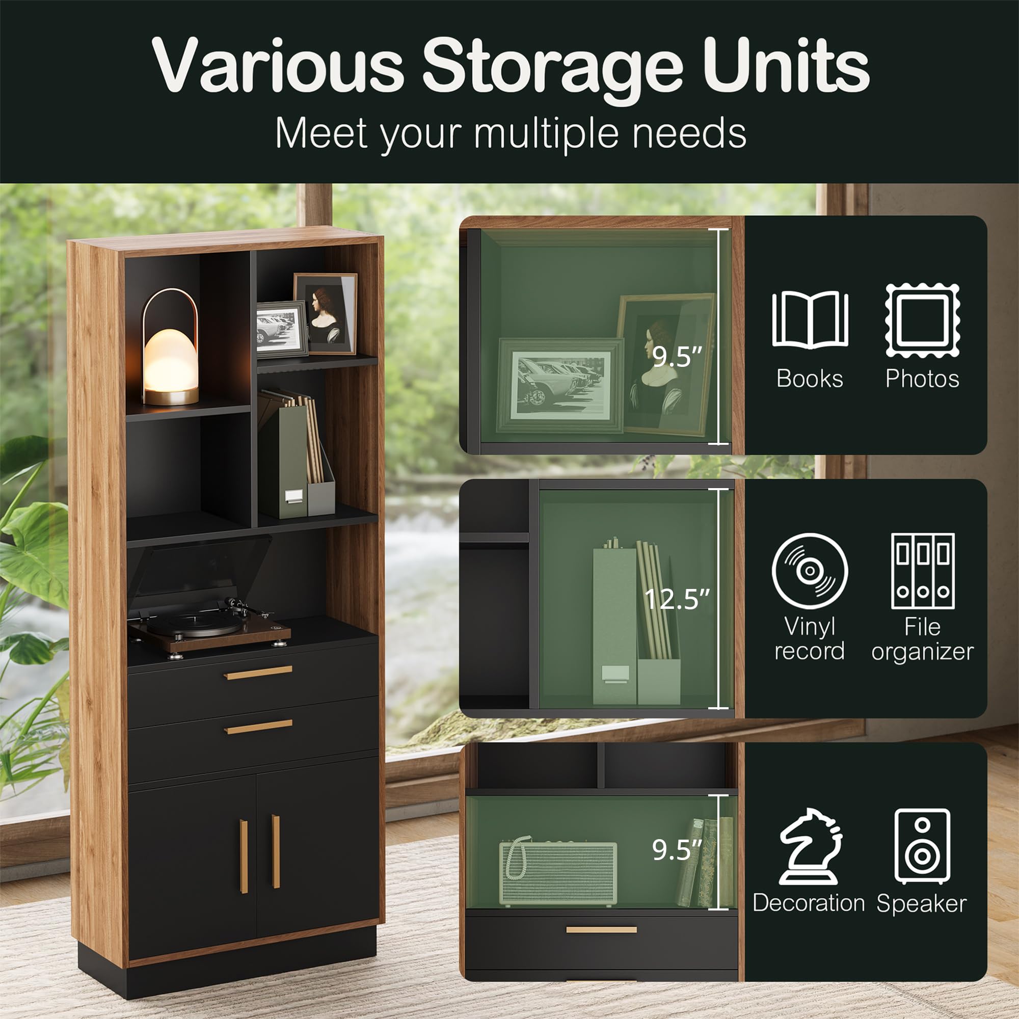Wood Bookcase with 2 Drawers and Doors