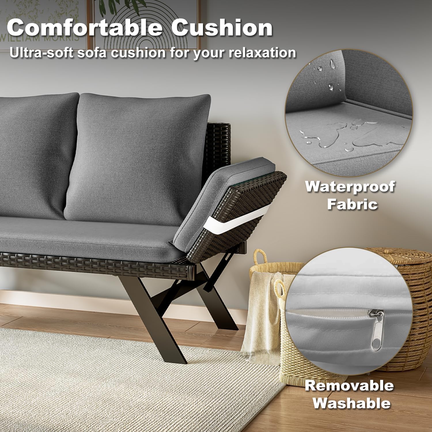 Woven Rattan Patio Loveseat with Adjustable Armrests