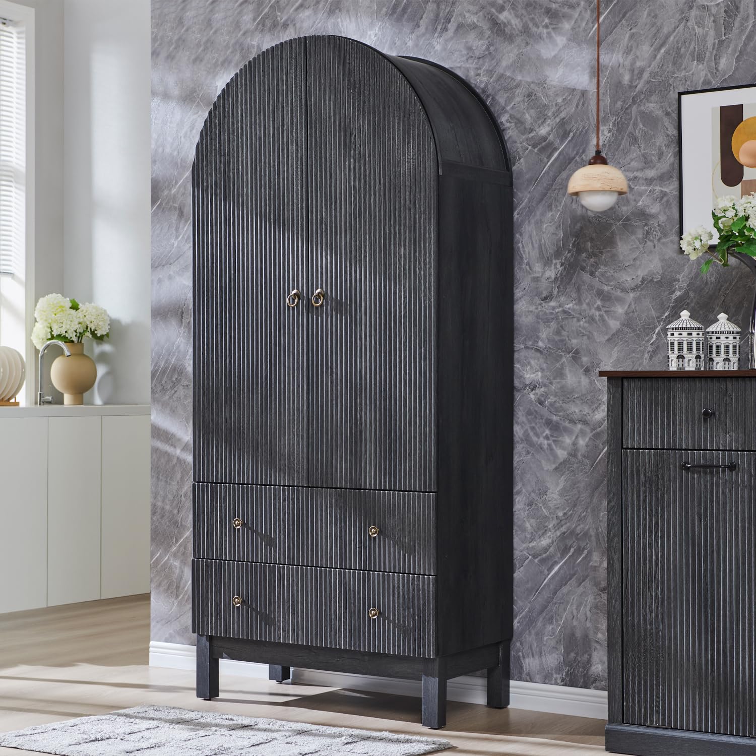 Arched Fluted Pantry Cabinet with Adjustable Shelves