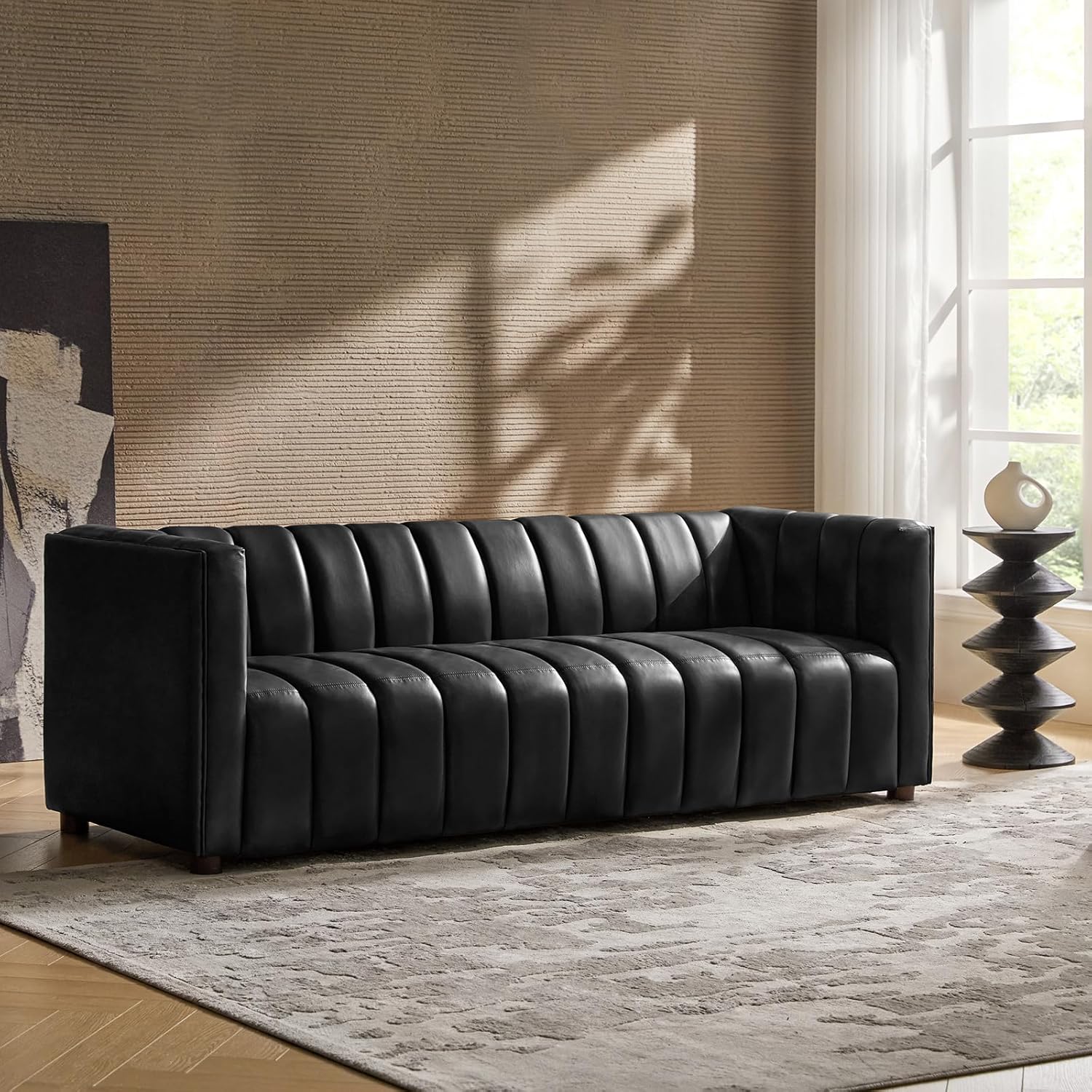83" Genuine Leather Channel Tufted Sofa