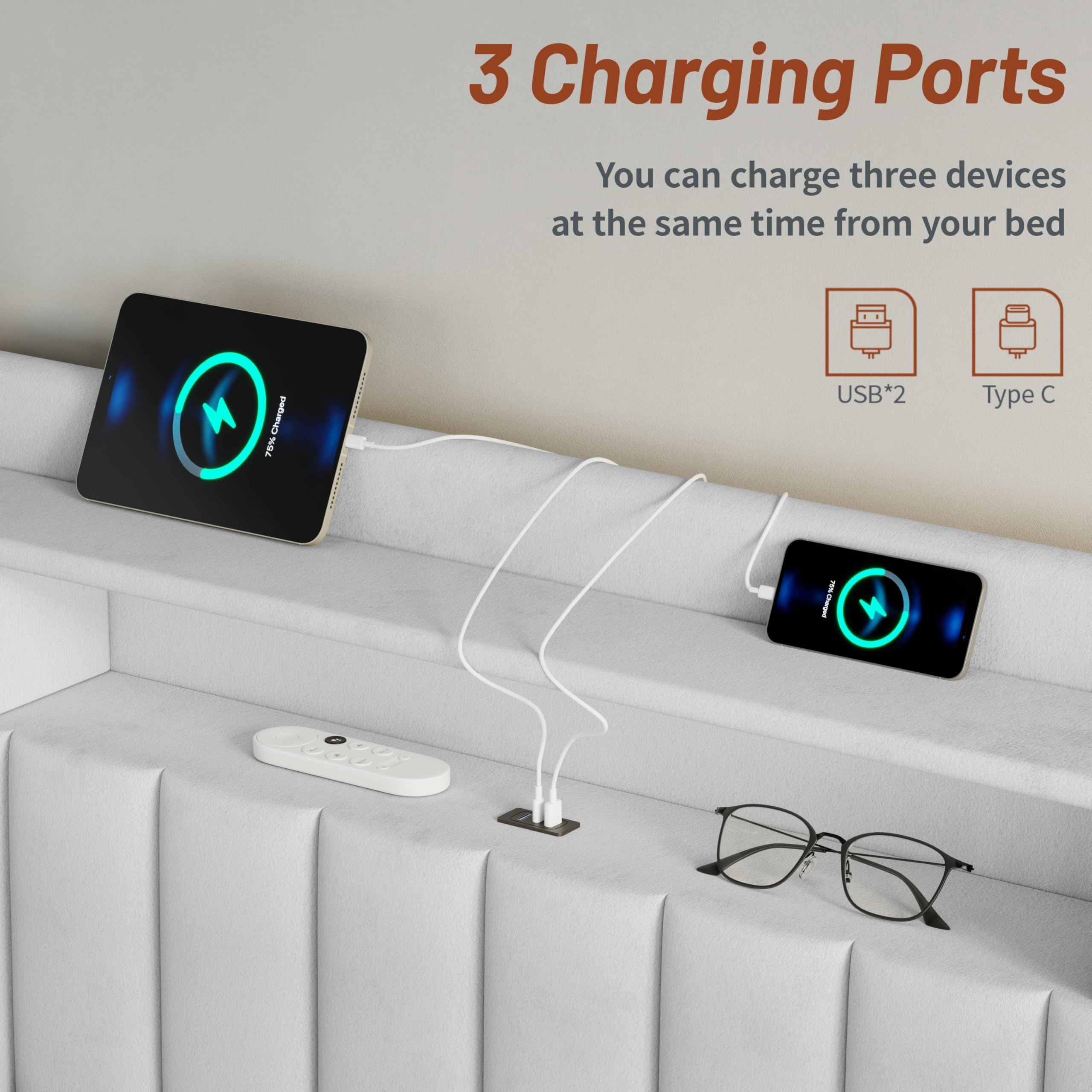 Queen Bed Frame with Storage Drawers and Charging Station