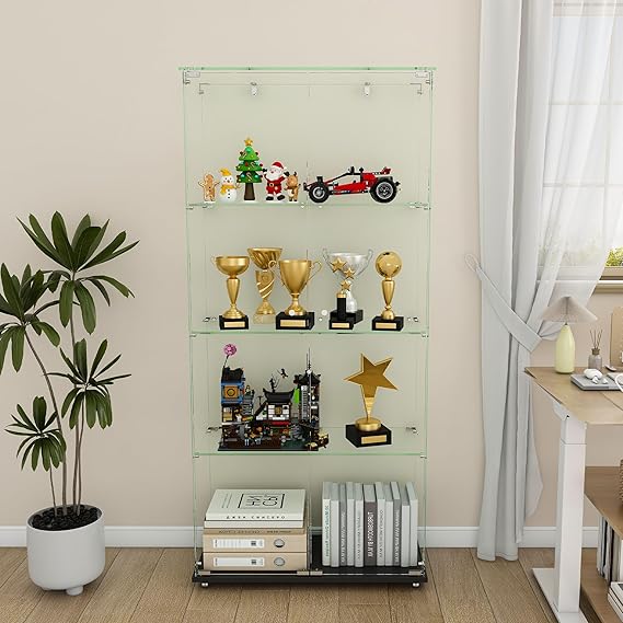 Glass Display Cabinet with LED Light and Wheels