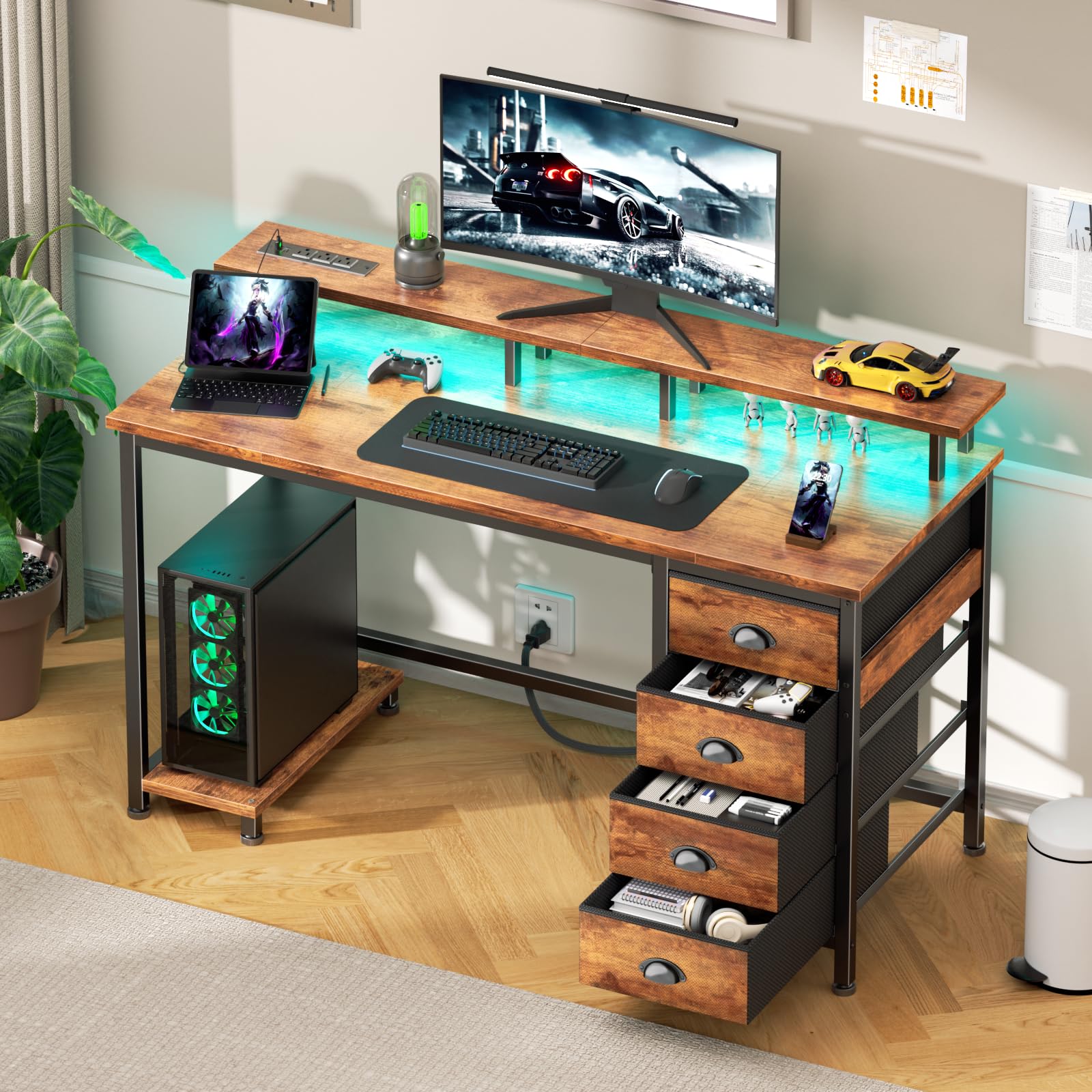 Gaming Desk with LED Lights & Power Outlets