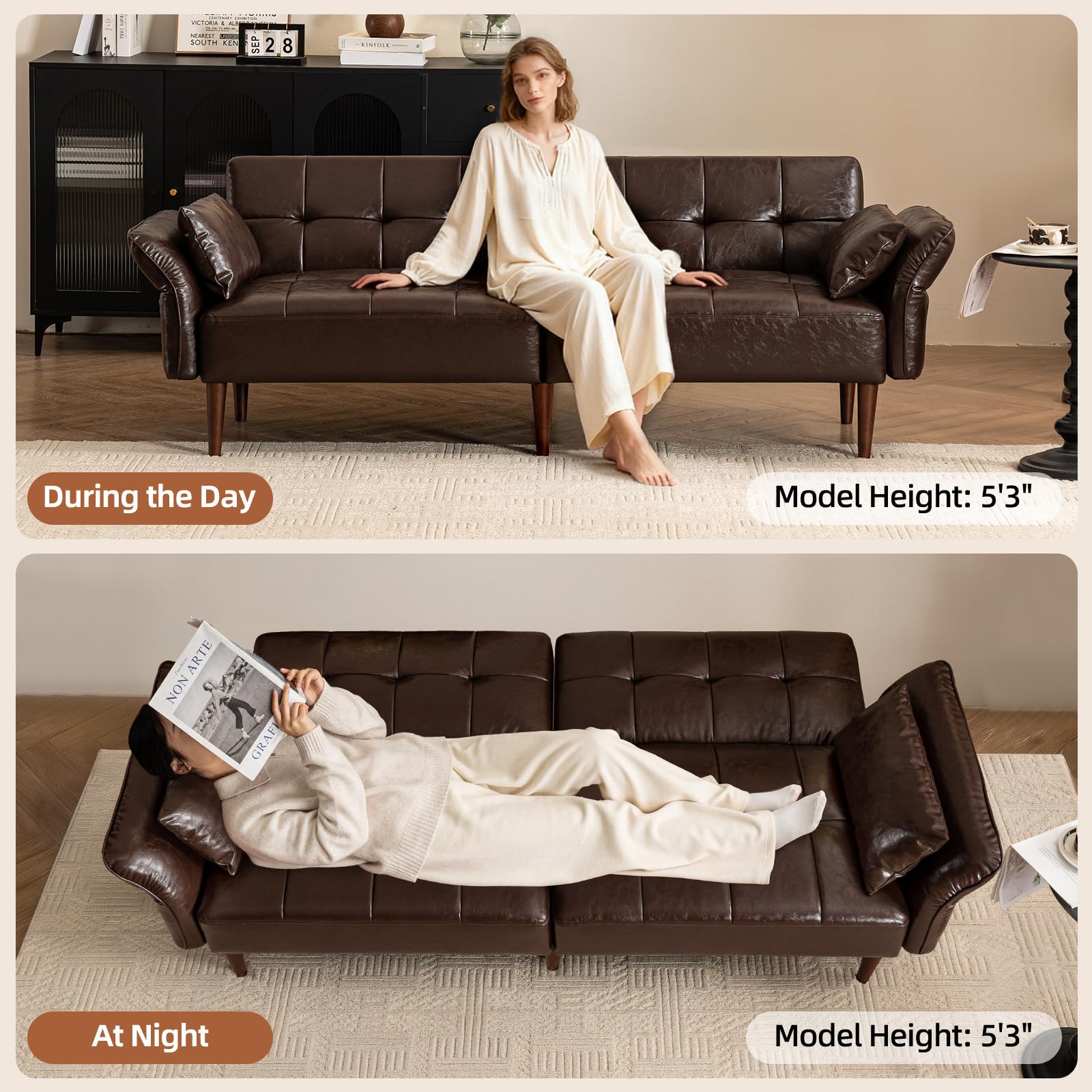 85" Futon Sofa Bed with Storage and Adjustable Armrests