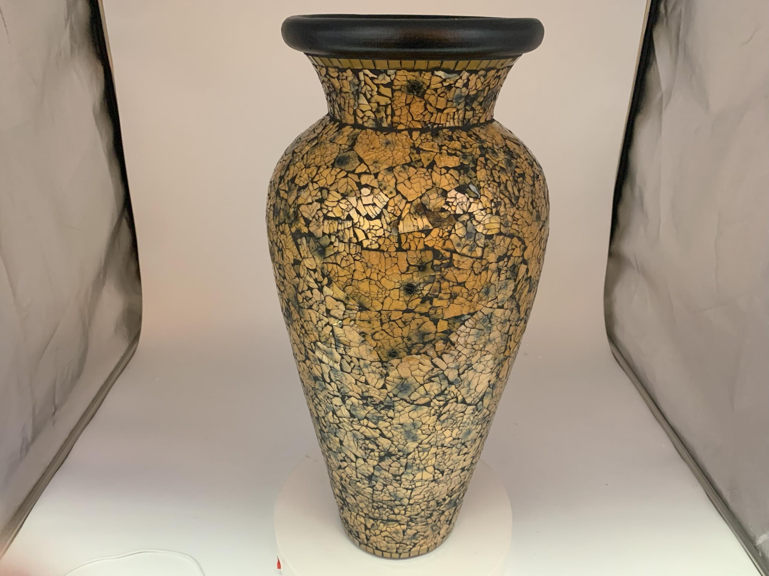 24 Inch Mosaic Floor Vase - Terracotta Cylinder with Gold and Black Glass