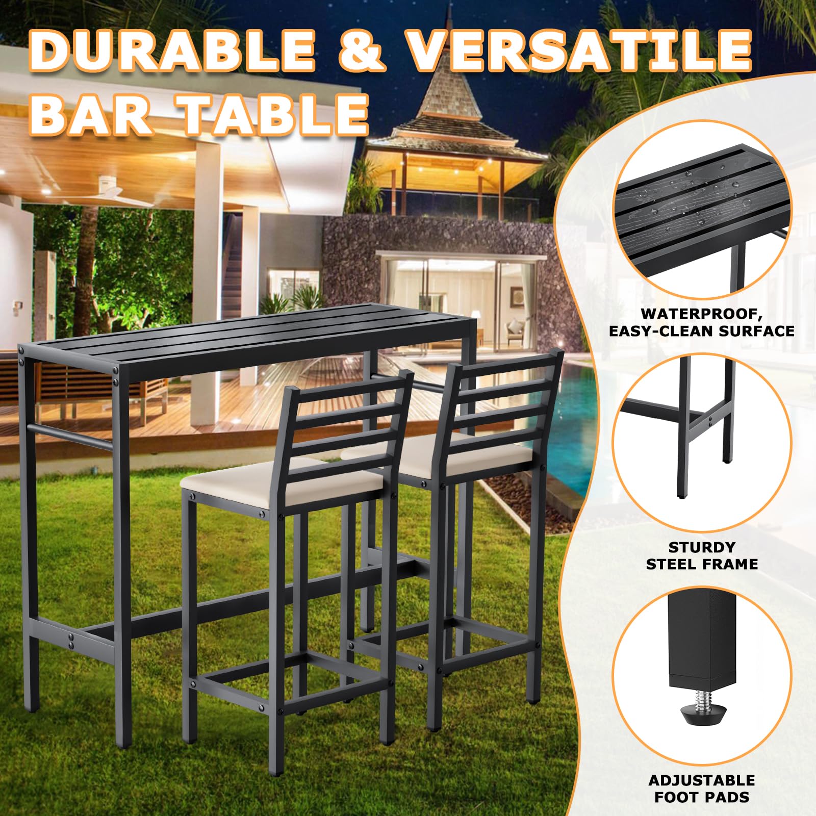 Outdoor Patio Bar Set 3 Piece with Cushioned Stools