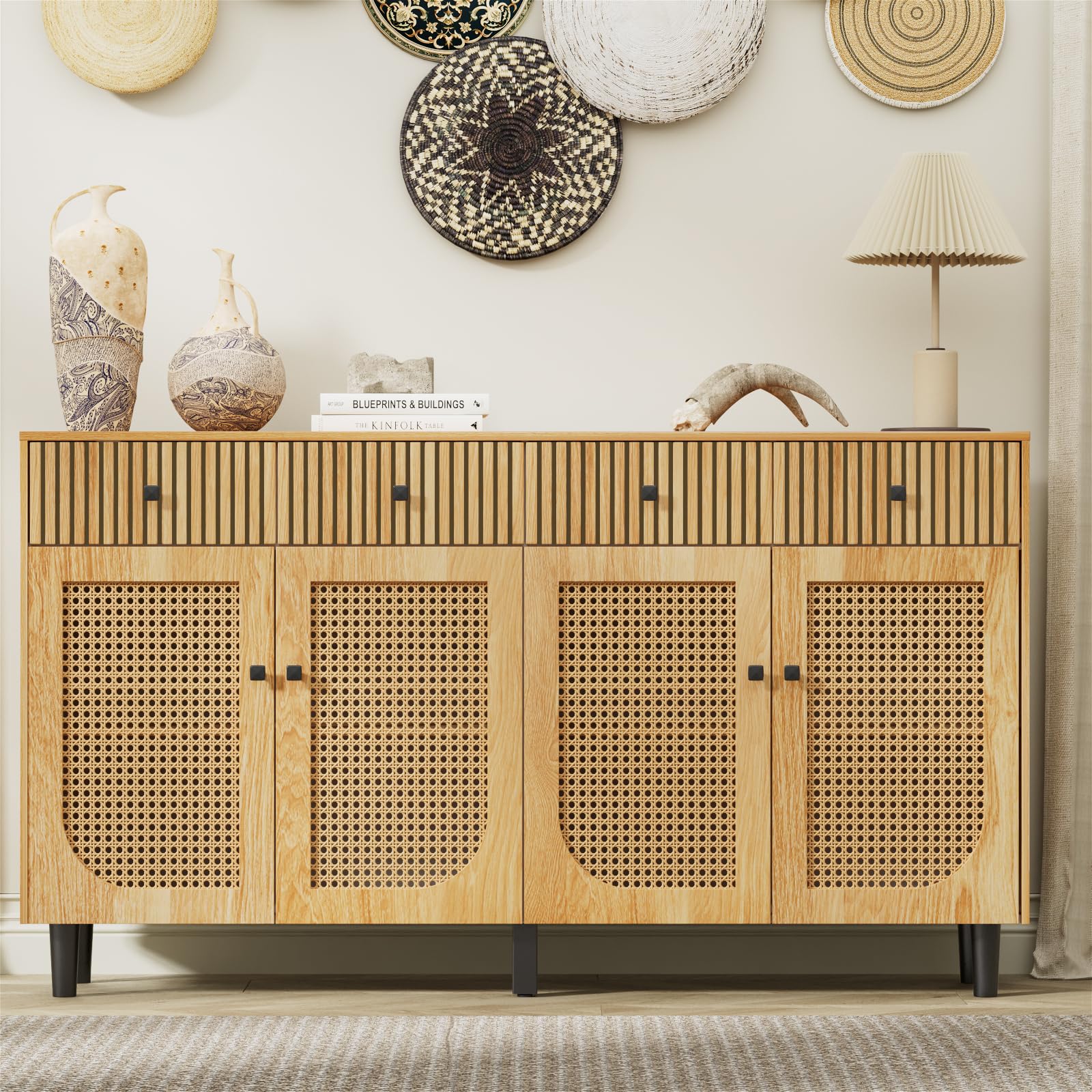 63 Inch Rattan Sideboard Buffet Cabinet with 4 Drawers