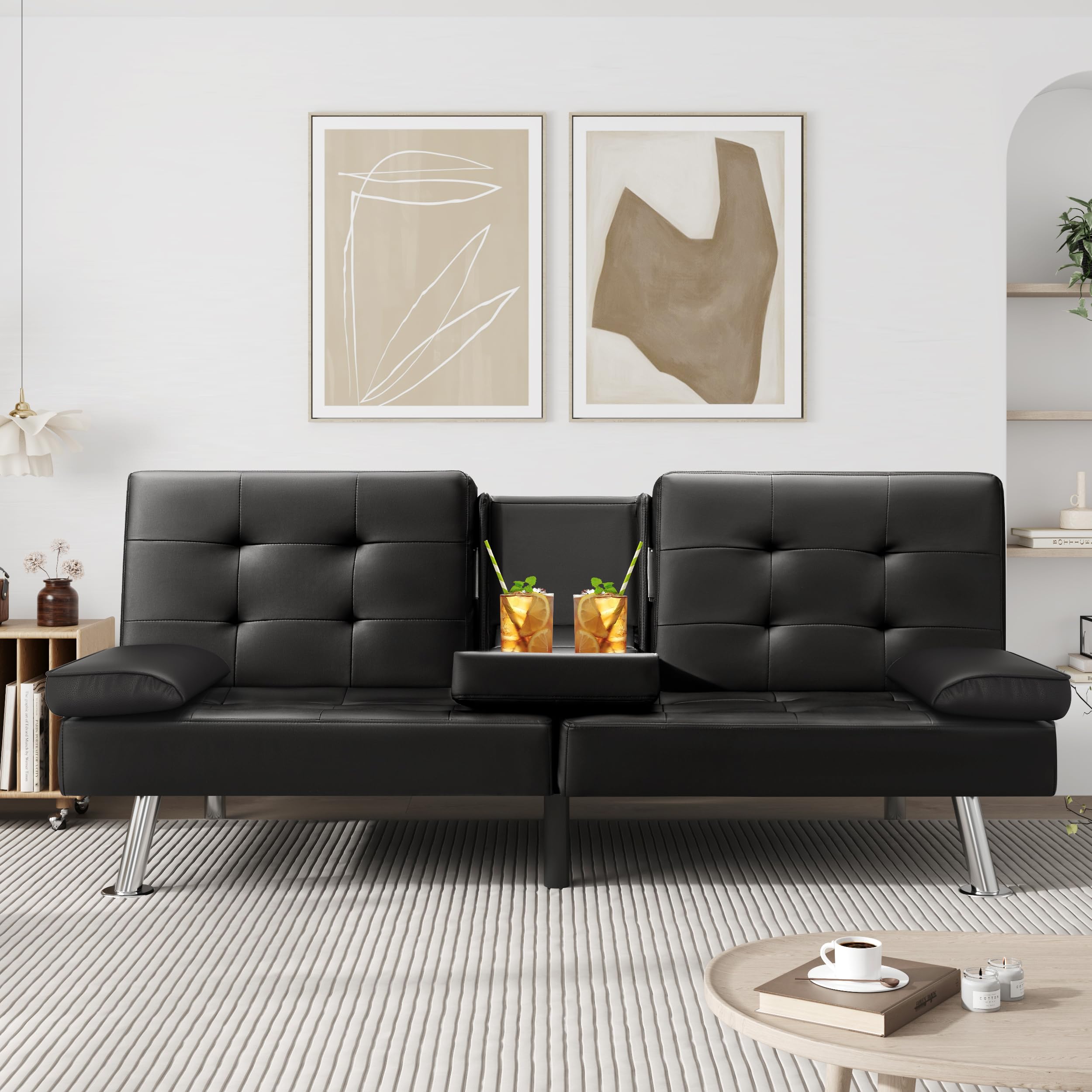Convertible Futon Sofa Bed with Cup Holders - Faux Leather Recliner Couch