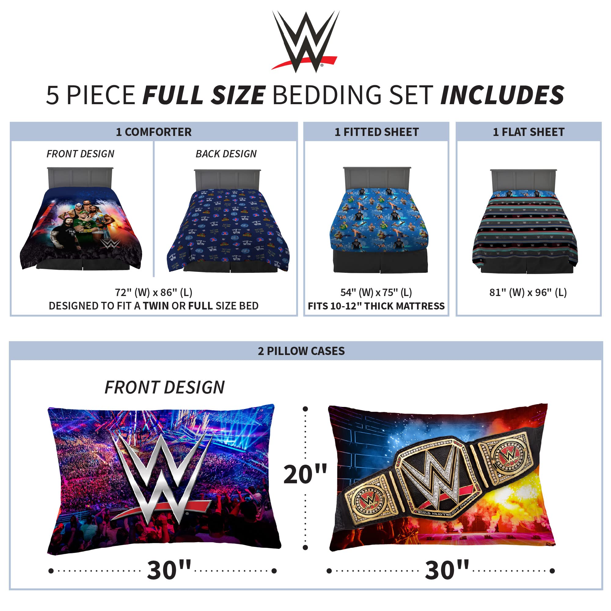WWE Kids Bedding Set 5 Piece Full Size Reversible Comforter