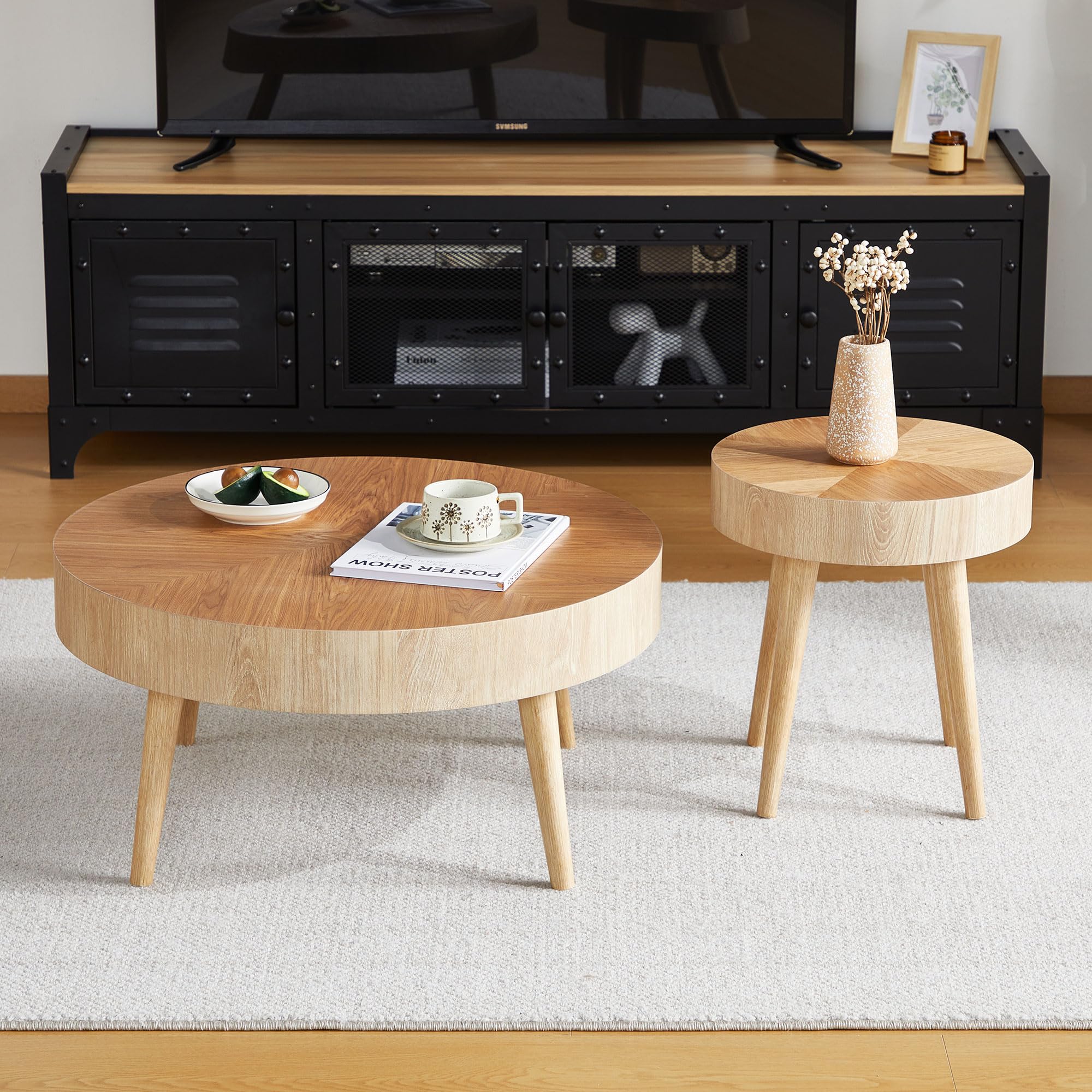 2-Piece Round Wood Coffee Table Set