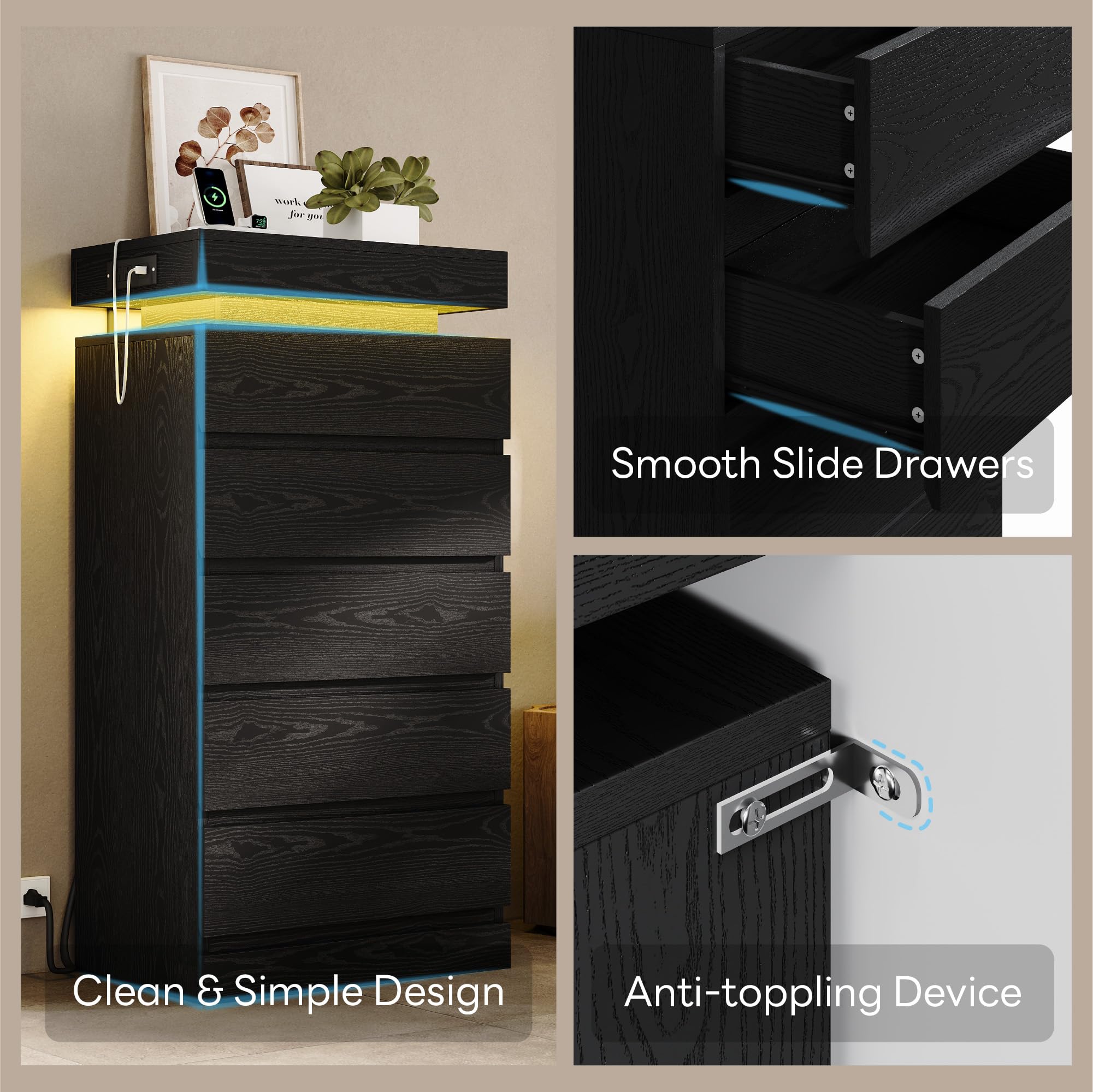 54" Tall 5 Drawer Dresser with LED Light and Power Outlet