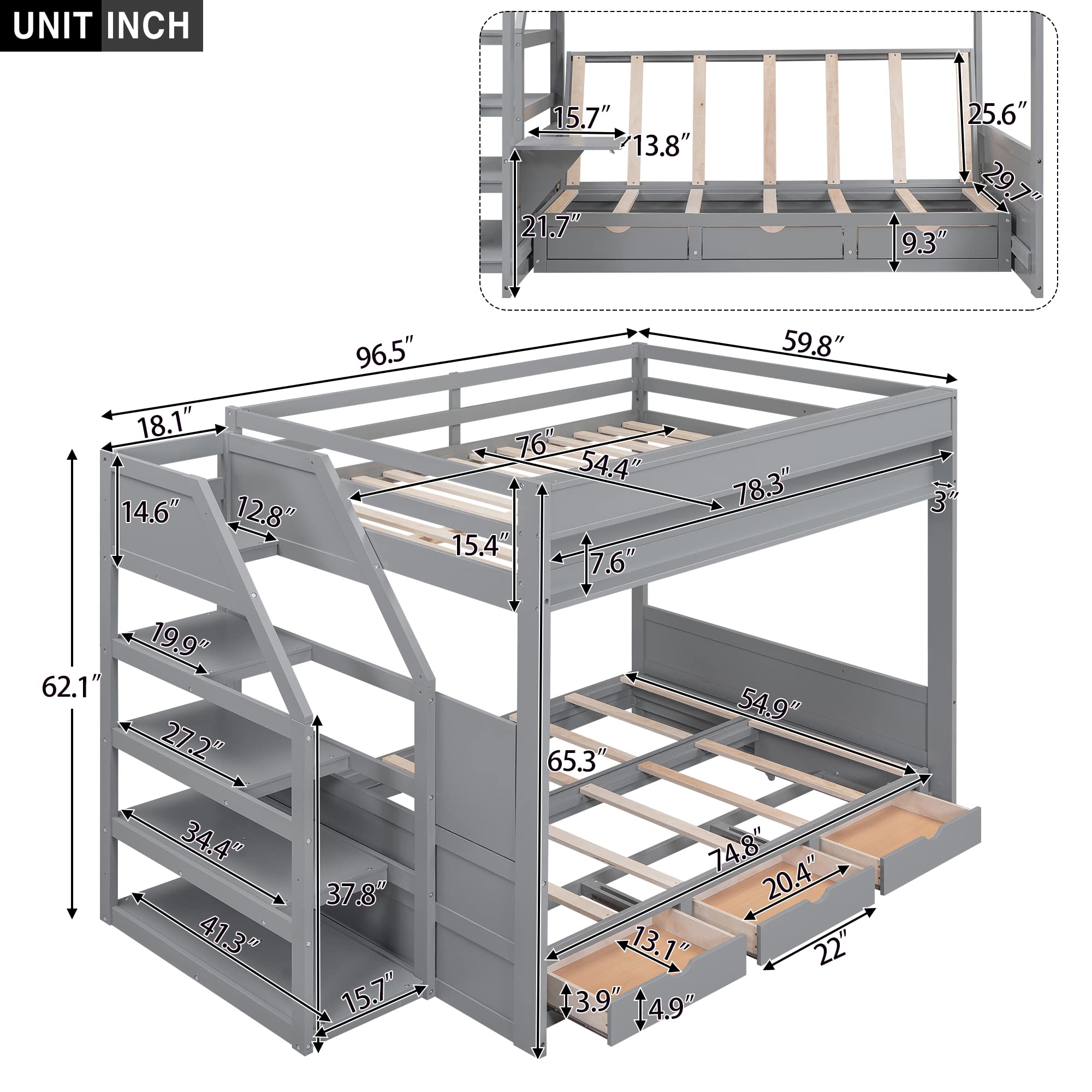 Full Over Full Bunk Bed with Stairs and Shelf