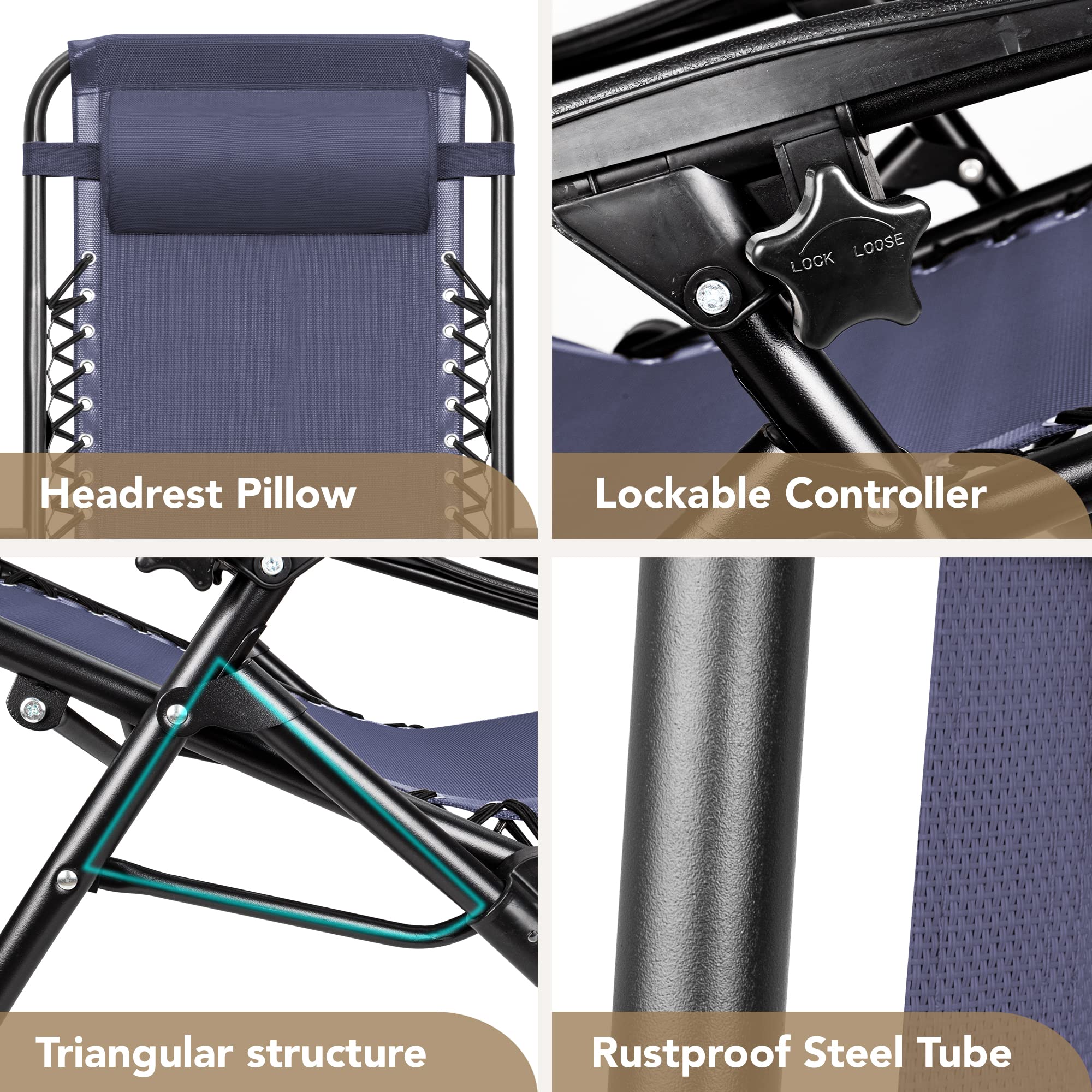 Devoko Patio Zero Gravity Chair Outdoor Folding Adjustable Reclining Chairs Pool Side Using Lawn Lounge Chair with Pillow Set of 2 (Dark Blue)