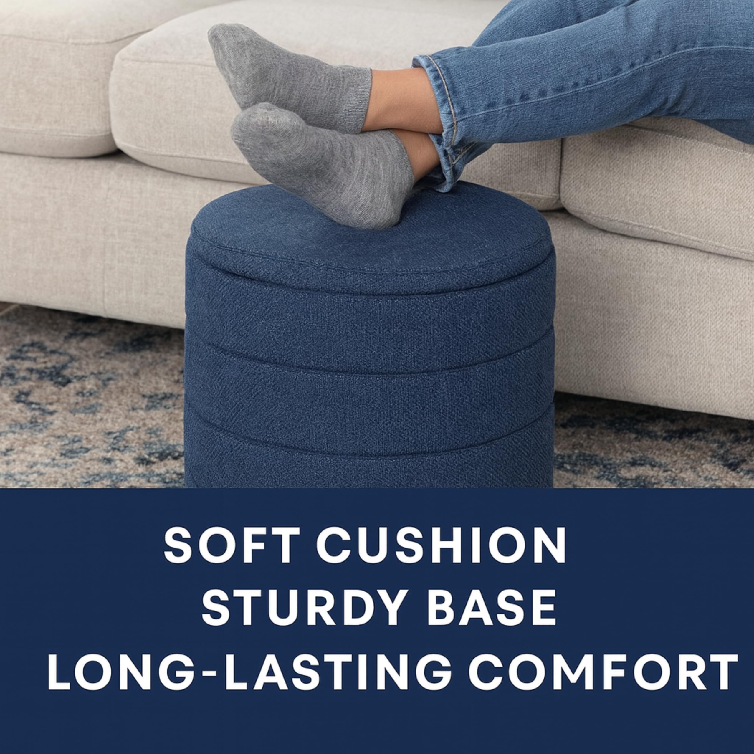 Round Ottoman with Storage - Dark Blue Linen Upholstered Footrest
