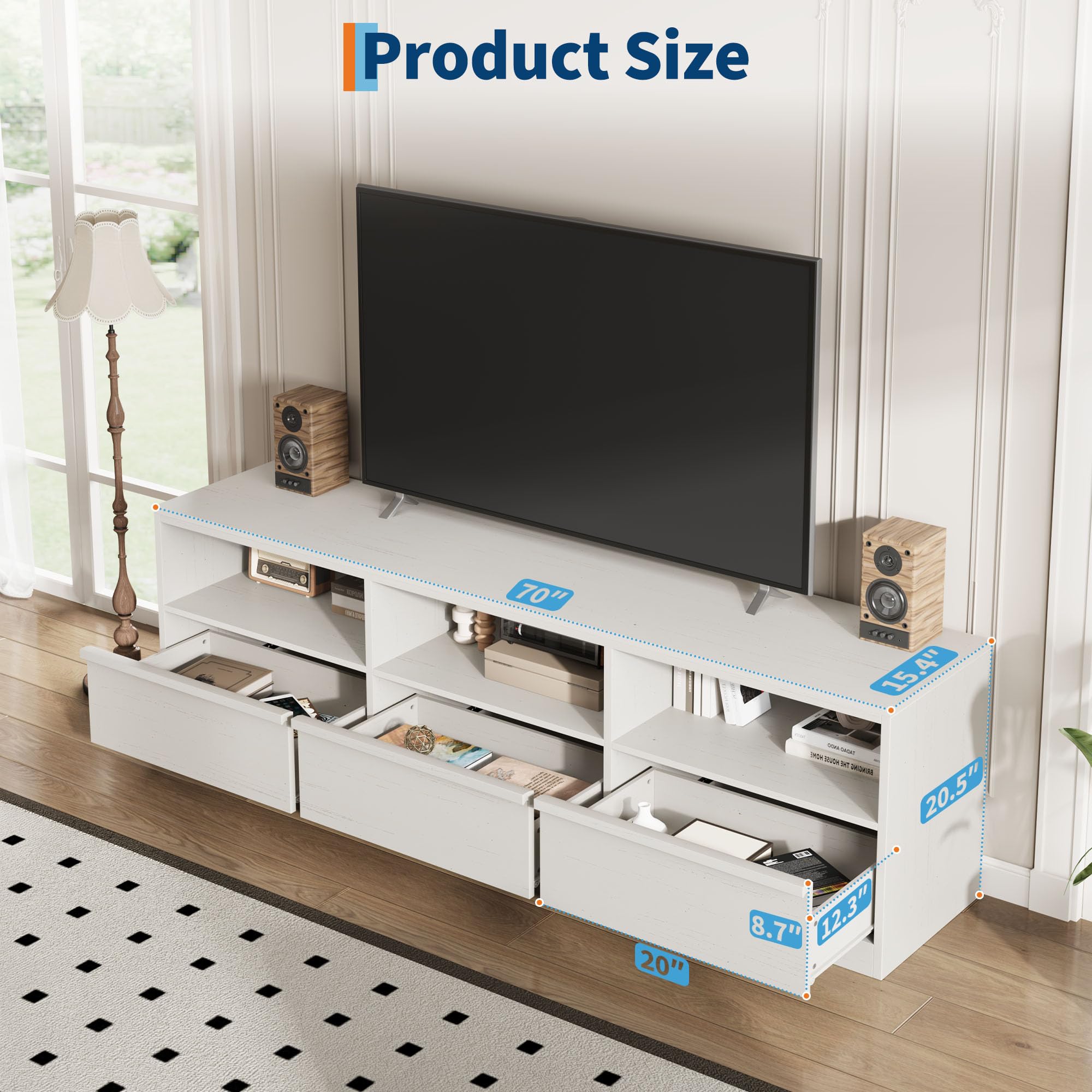 70 Inch TV Stand with Storage Drawer and Open Shelves