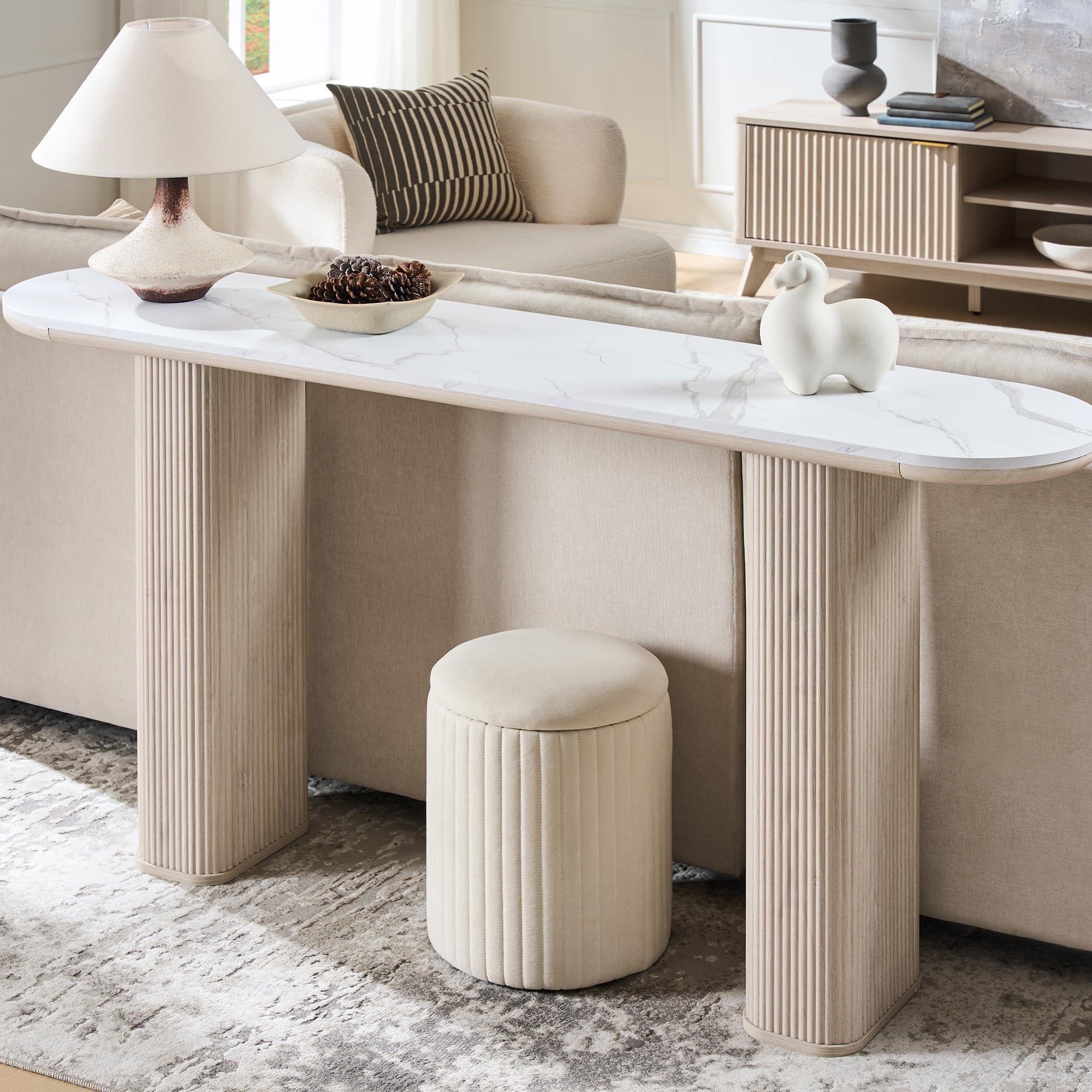 Modern Console Table with Arc Marble Texture Top and Fluted Wood Base