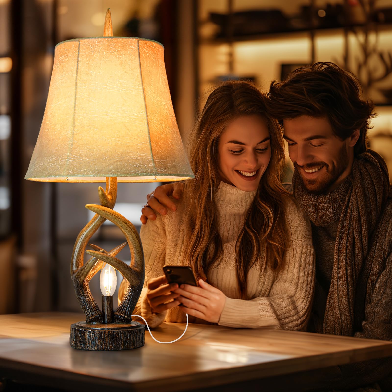 Rustic Farmhouse Antler Table Lamp Set of 2 with USB Ports and Nightlight
