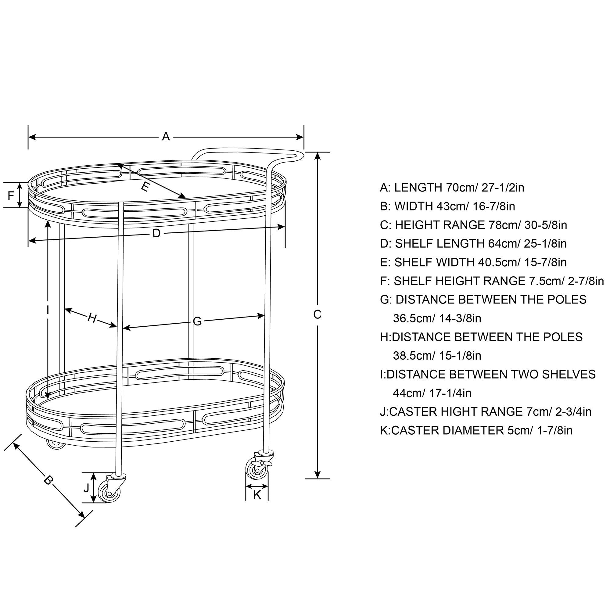 Oval Gold Bar Cart - 2-Tier Mirrored Glass with 4 Wheels
