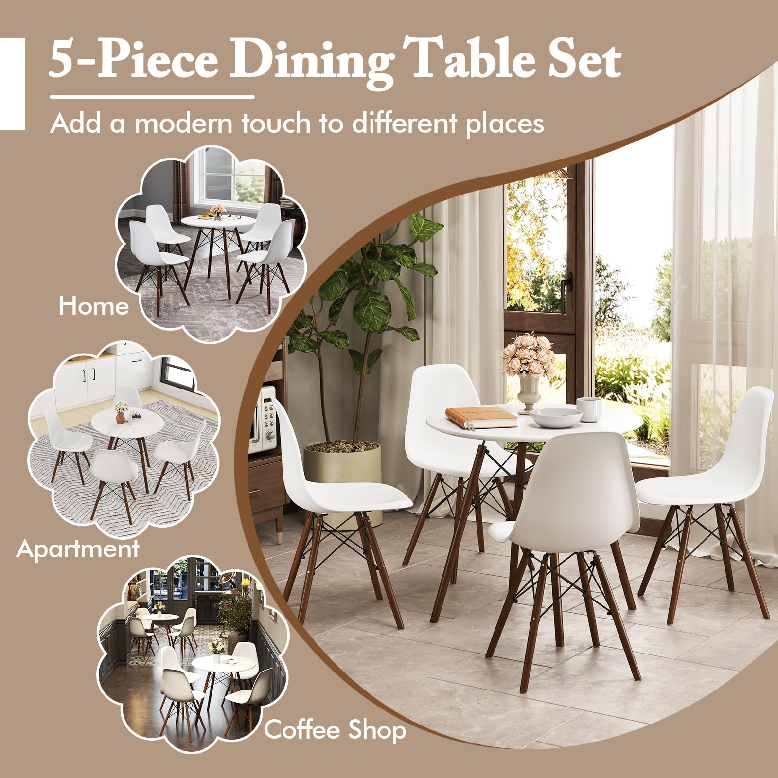 Round Dining Table Set for 4 - 5 Piece Breakfast Nook with Chairs