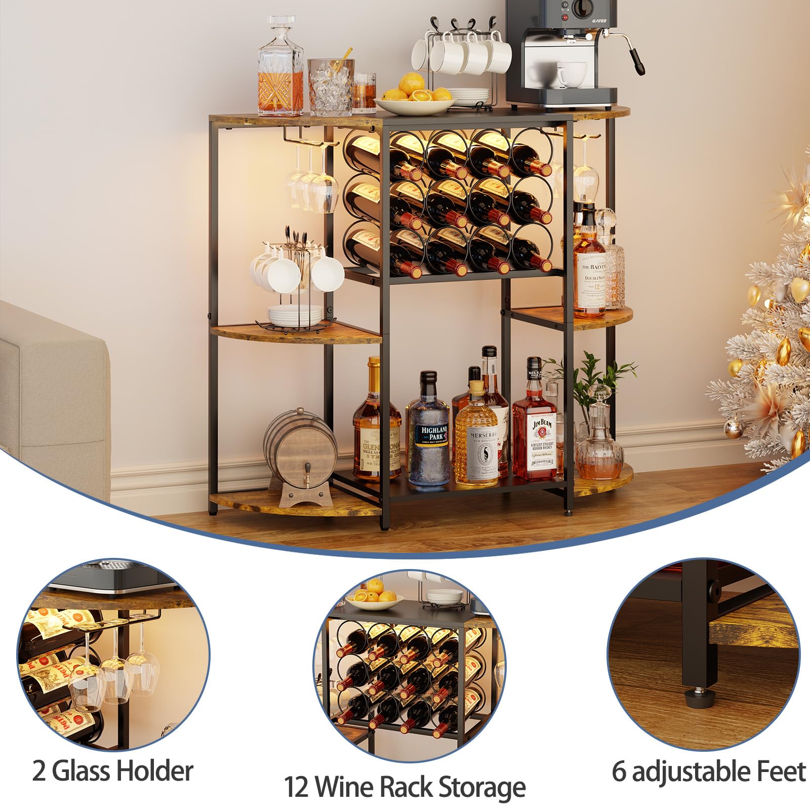 Wine Bar Cabinet with LED Lights and Glass Holder
