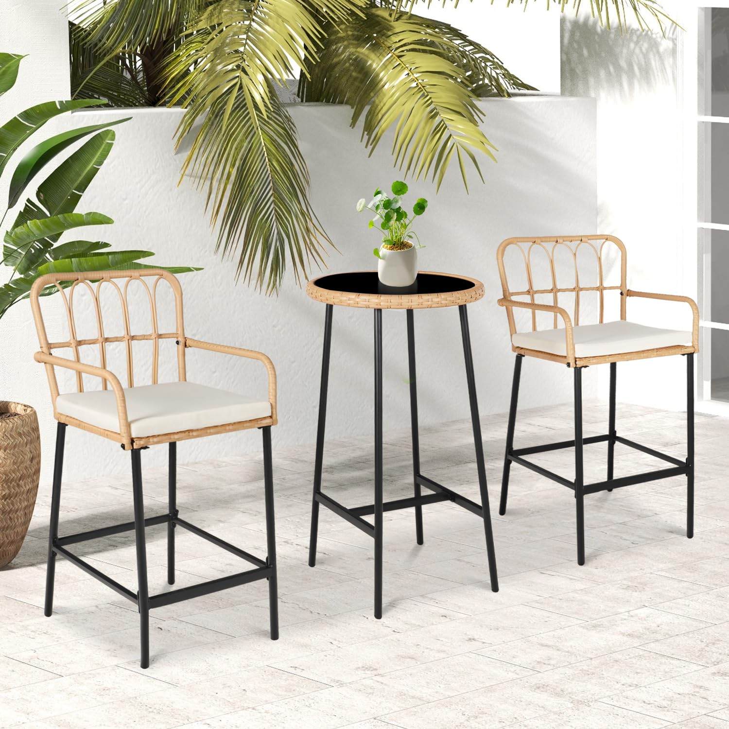 3-Piece Outdoor Bar Set with Rattan Chairs