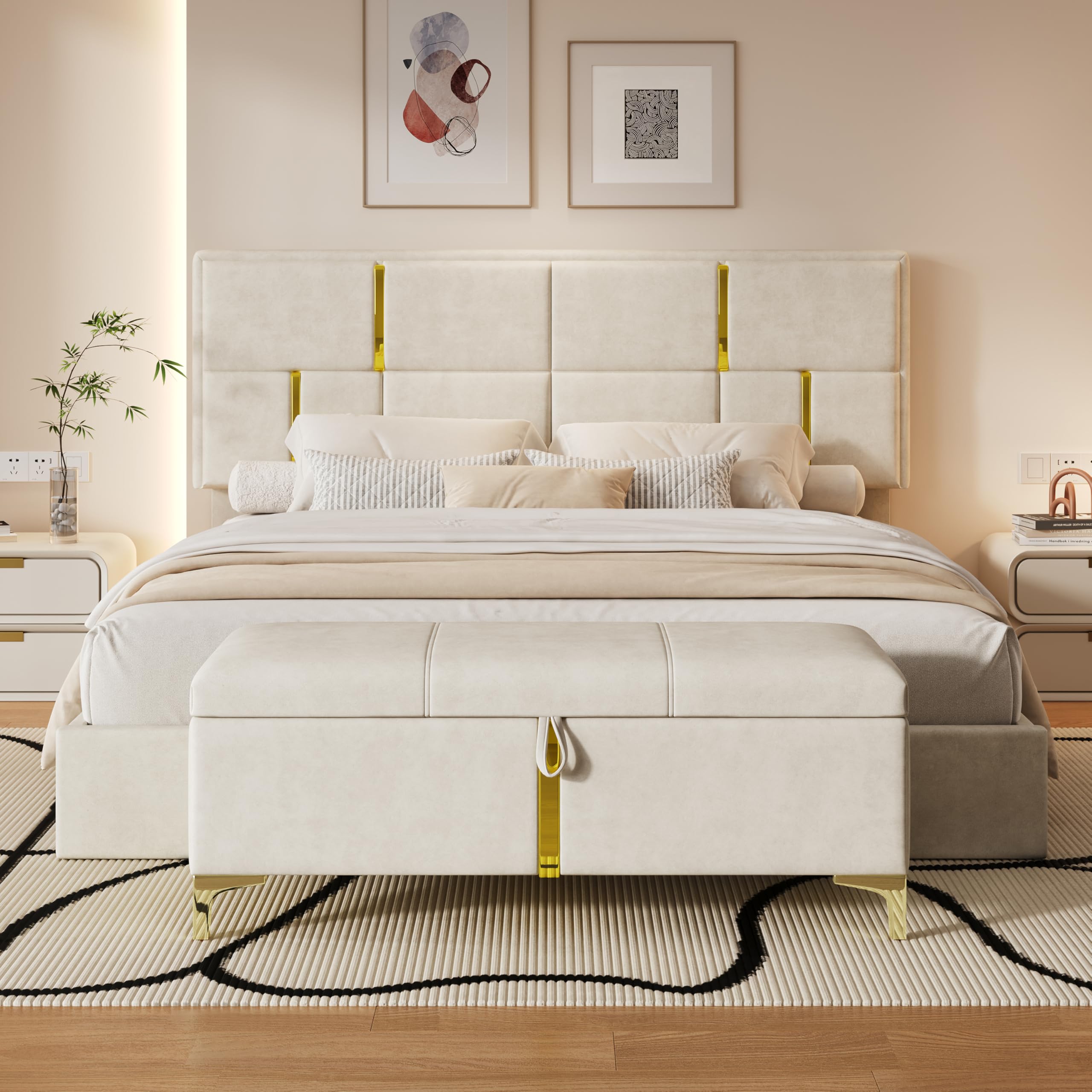 Queen Platform Bed with Hydraulic Storage and Ottoman