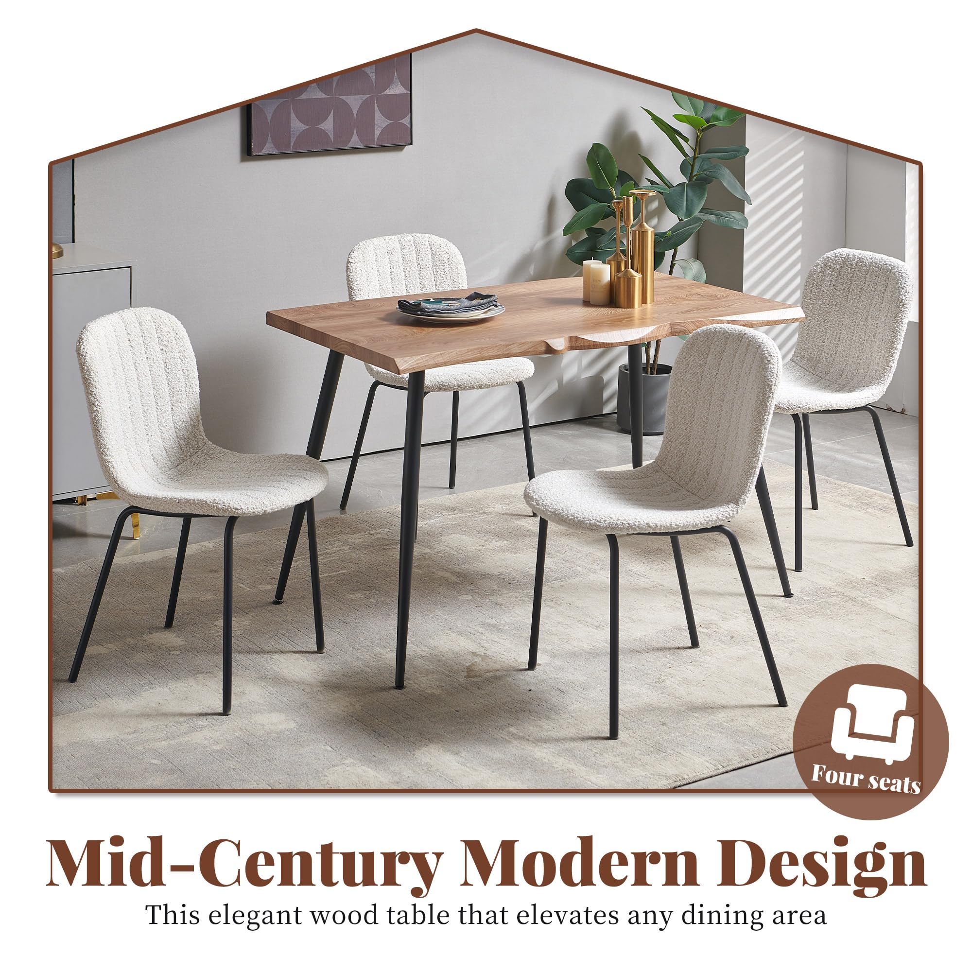 Dining Table Set for 4 with White Boucle Chairs