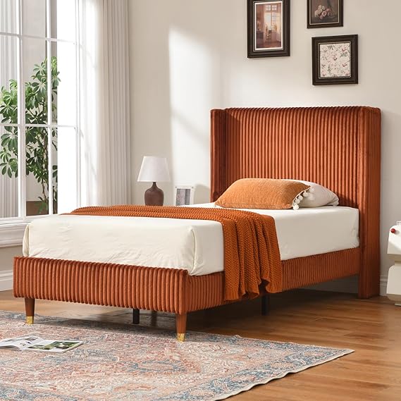 Queen Size Upholstered Platform Bed Frame with Vertical Striped Wingback Headboard