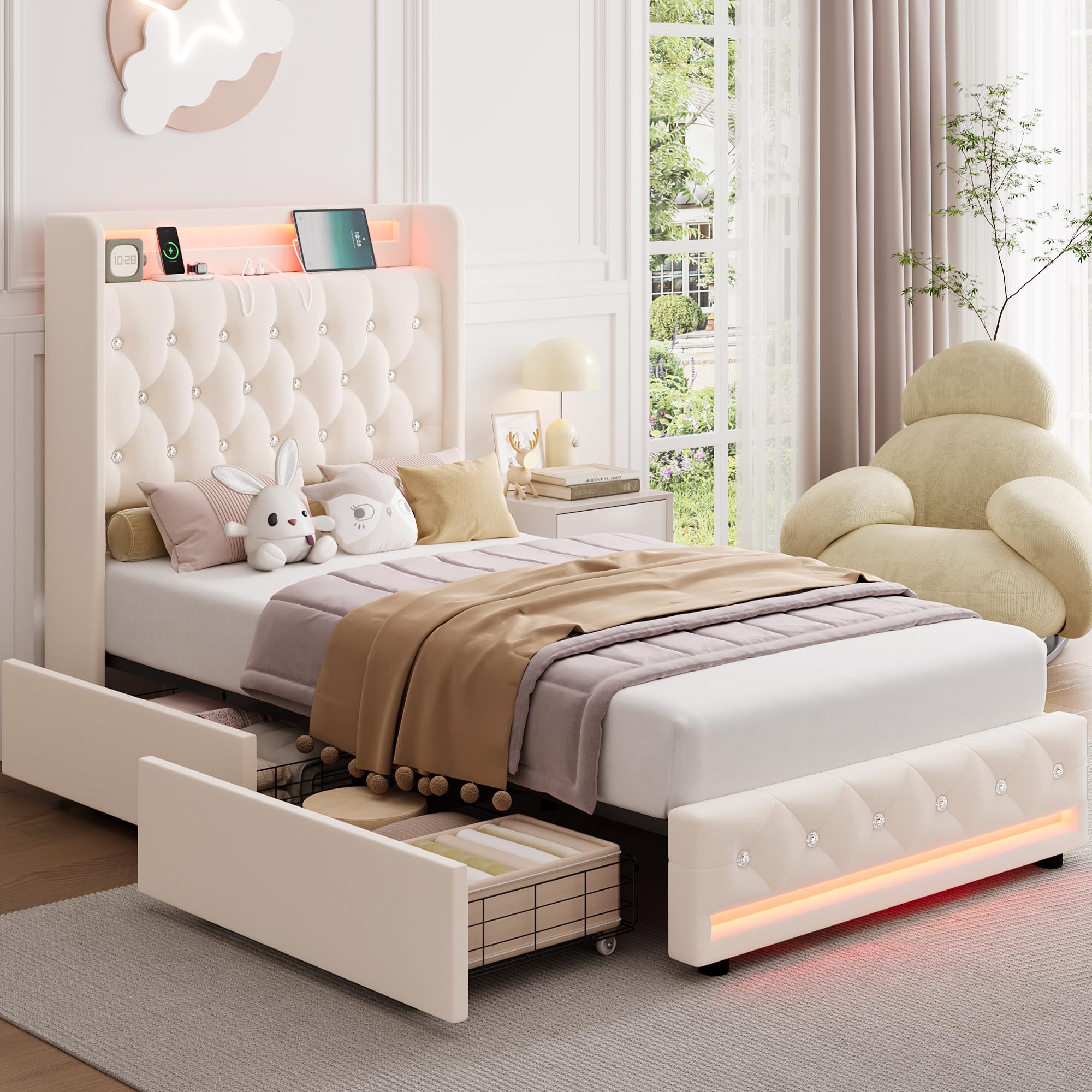 Twin LED Bed Frame with Charging Station & Storage Drawers