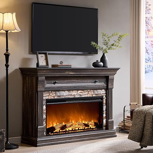 52" Farmhouse Electric Fireplace TV Stand with Mantel