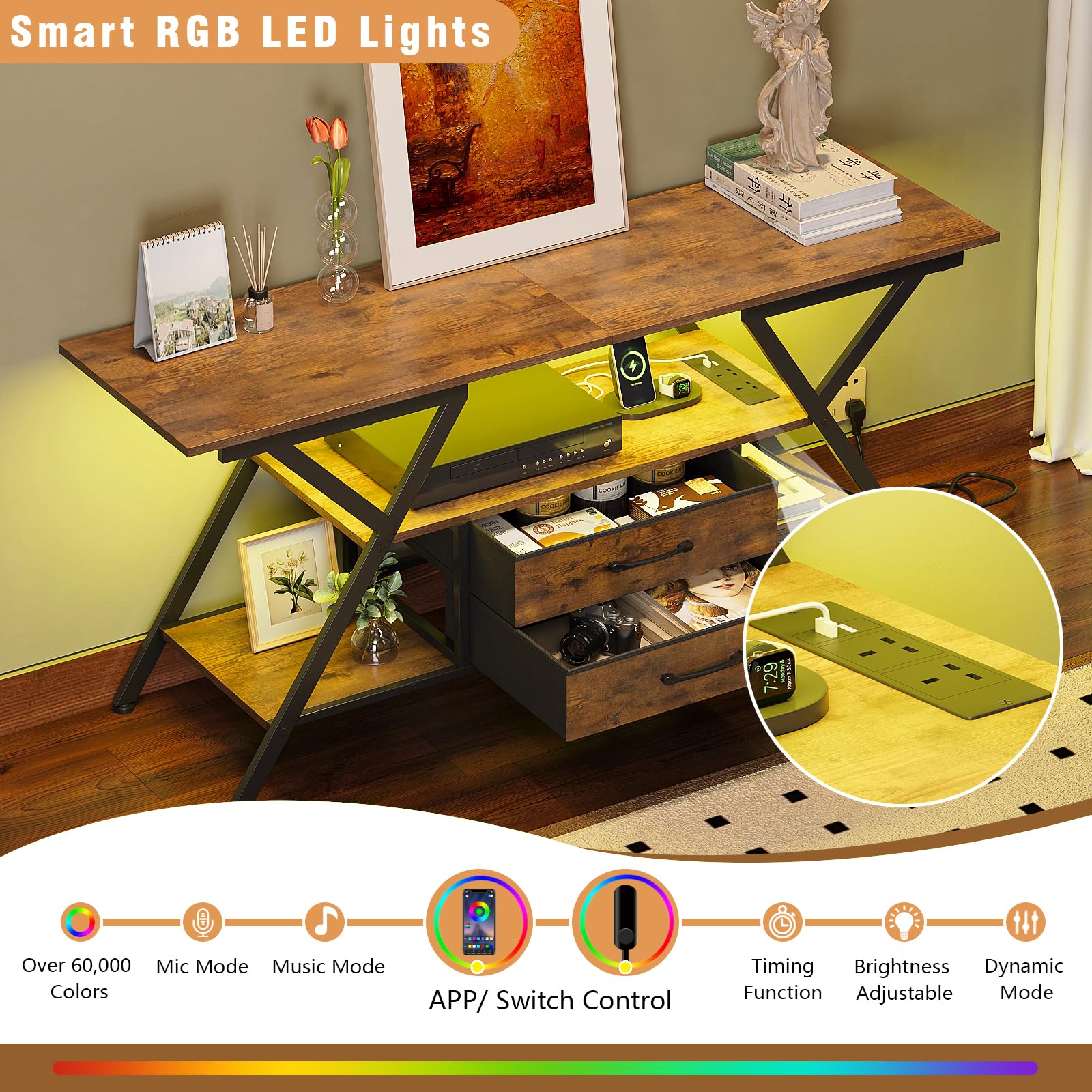 TV Stand with Power Outlet and LED Lights for 65 Inch TVs