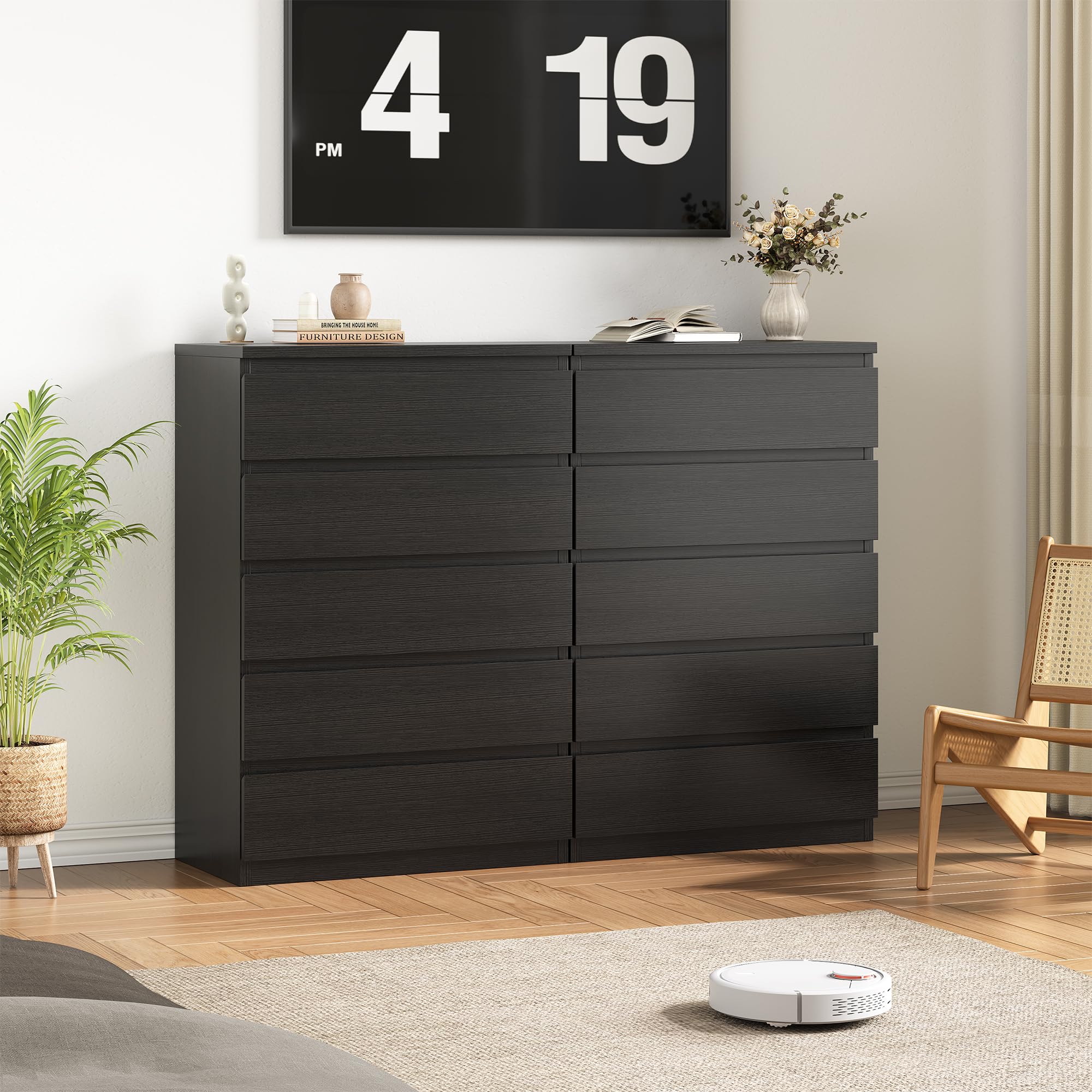 Black Modern 5 Drawer Dresser with Deep Storage