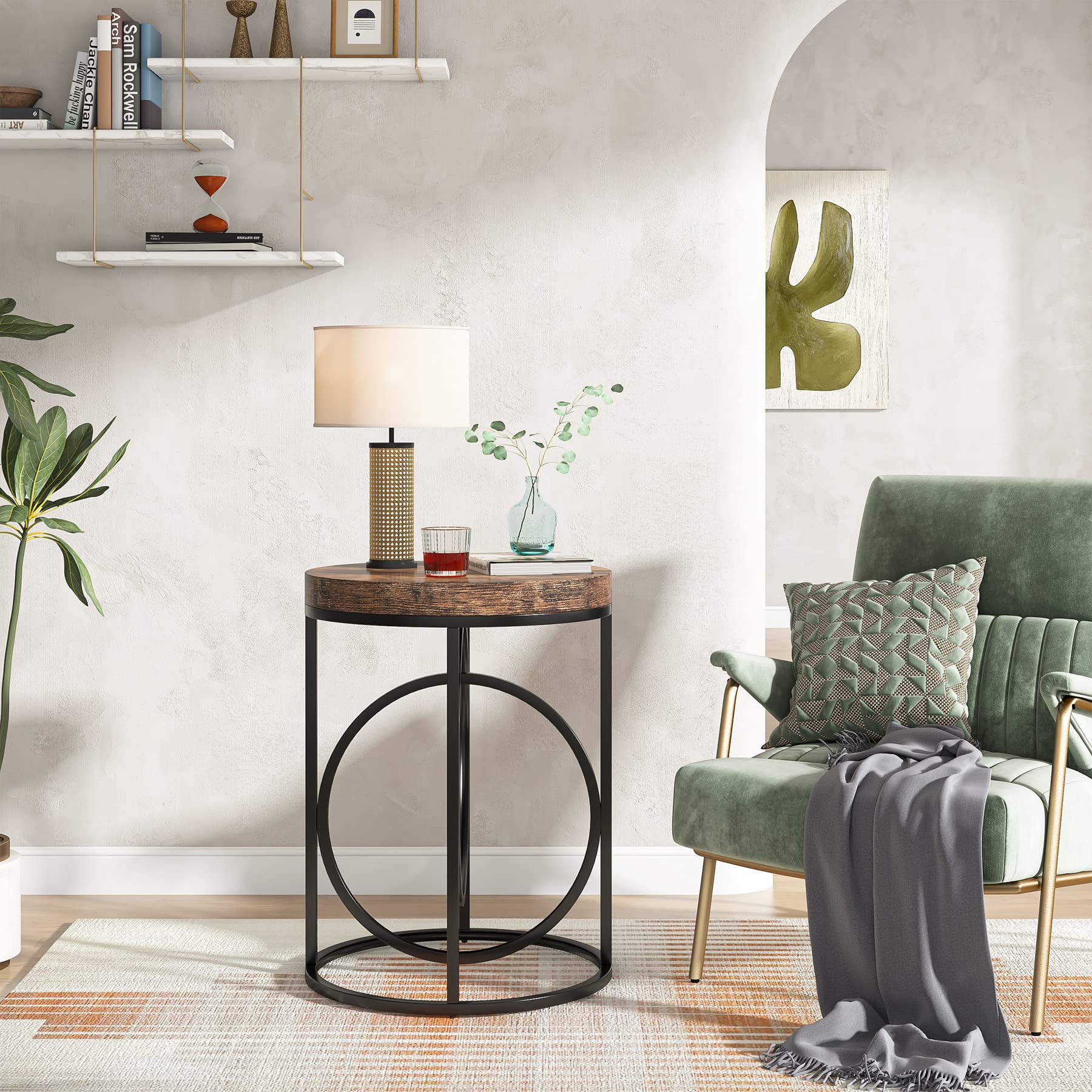 Round Industrial End Table with Metal Frame