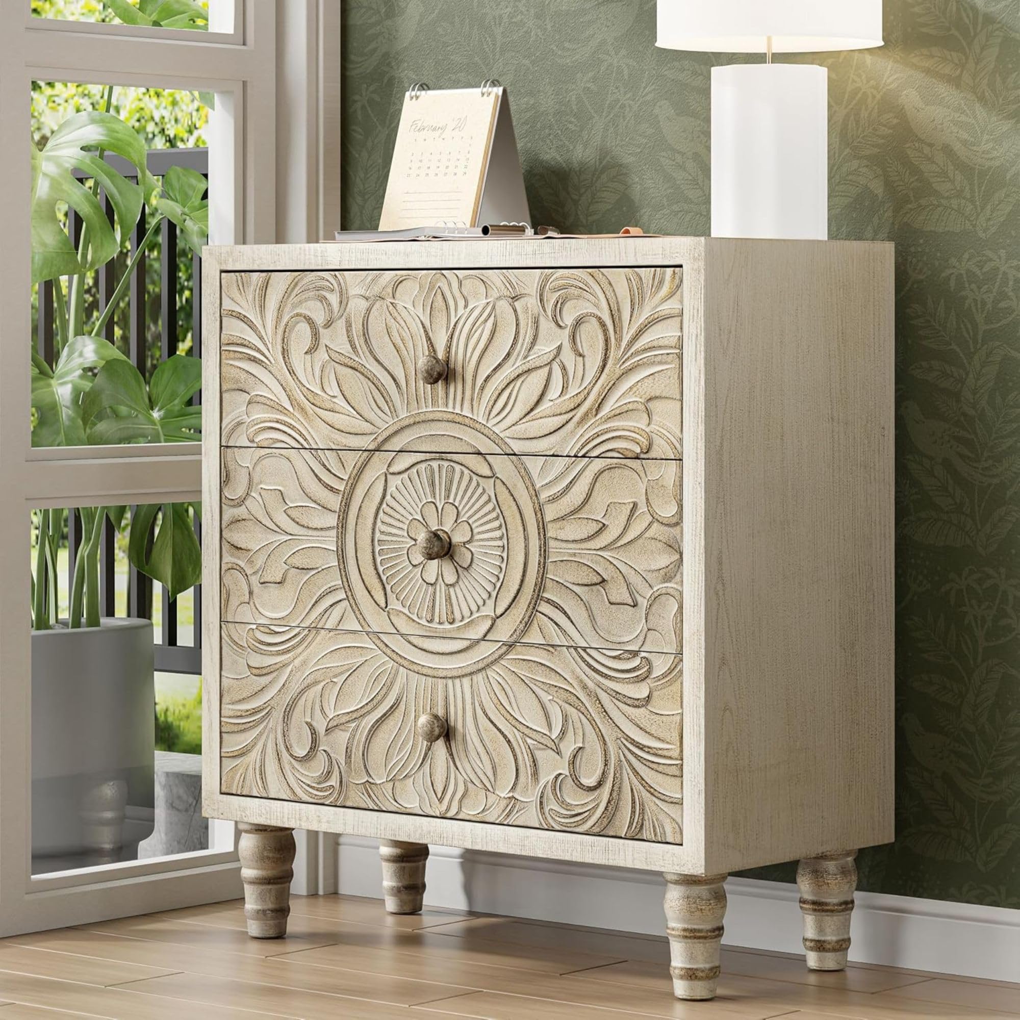 3-Drawer Carved Floral Dresser with Distressed White Finish