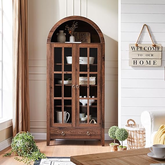 Arched Cabinet with Glass Doors and Adjustable Shelves